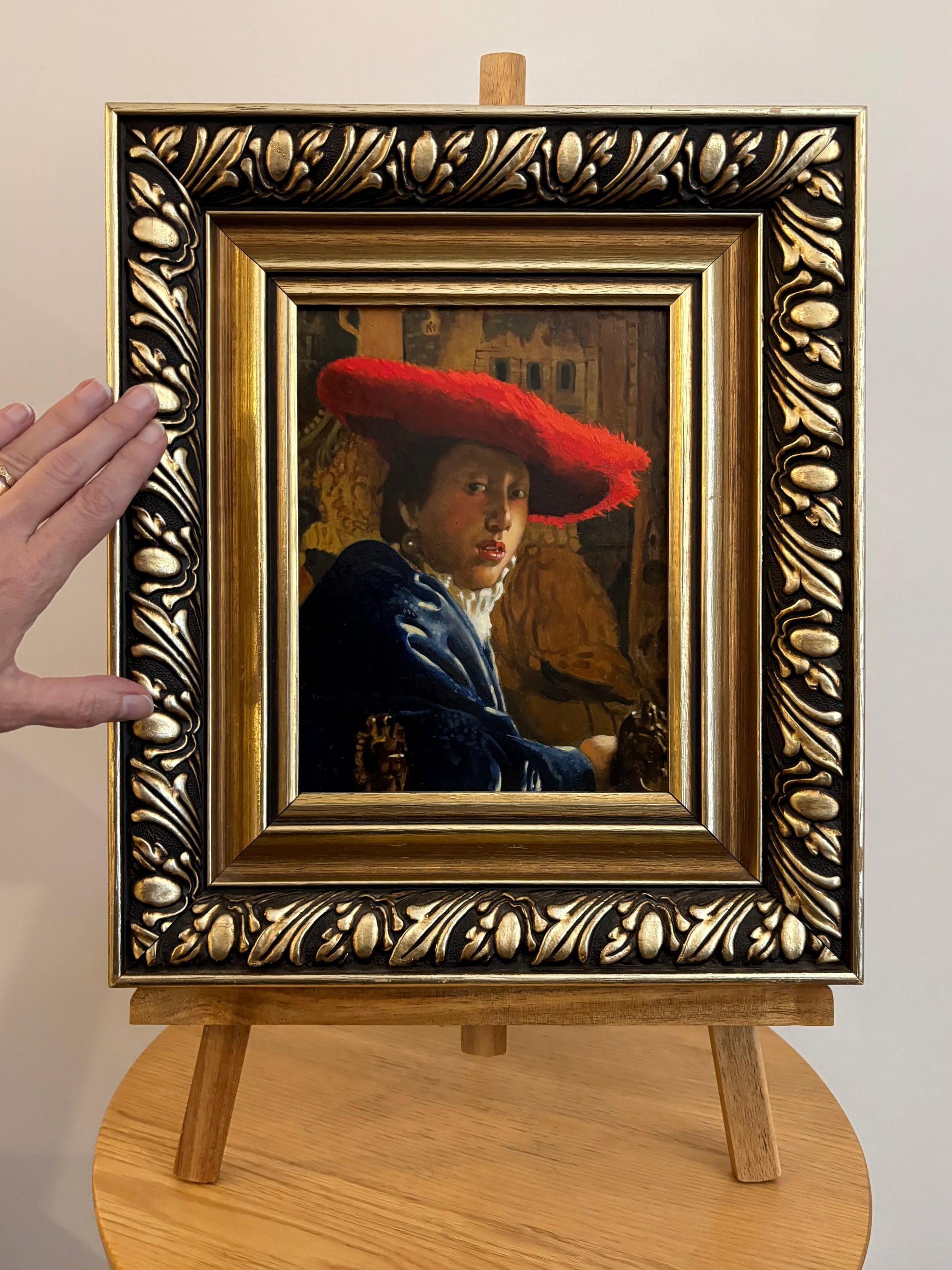 Original reproduction oil painting on board (after Vermeer), Girl in Red Hat, framed vintage art