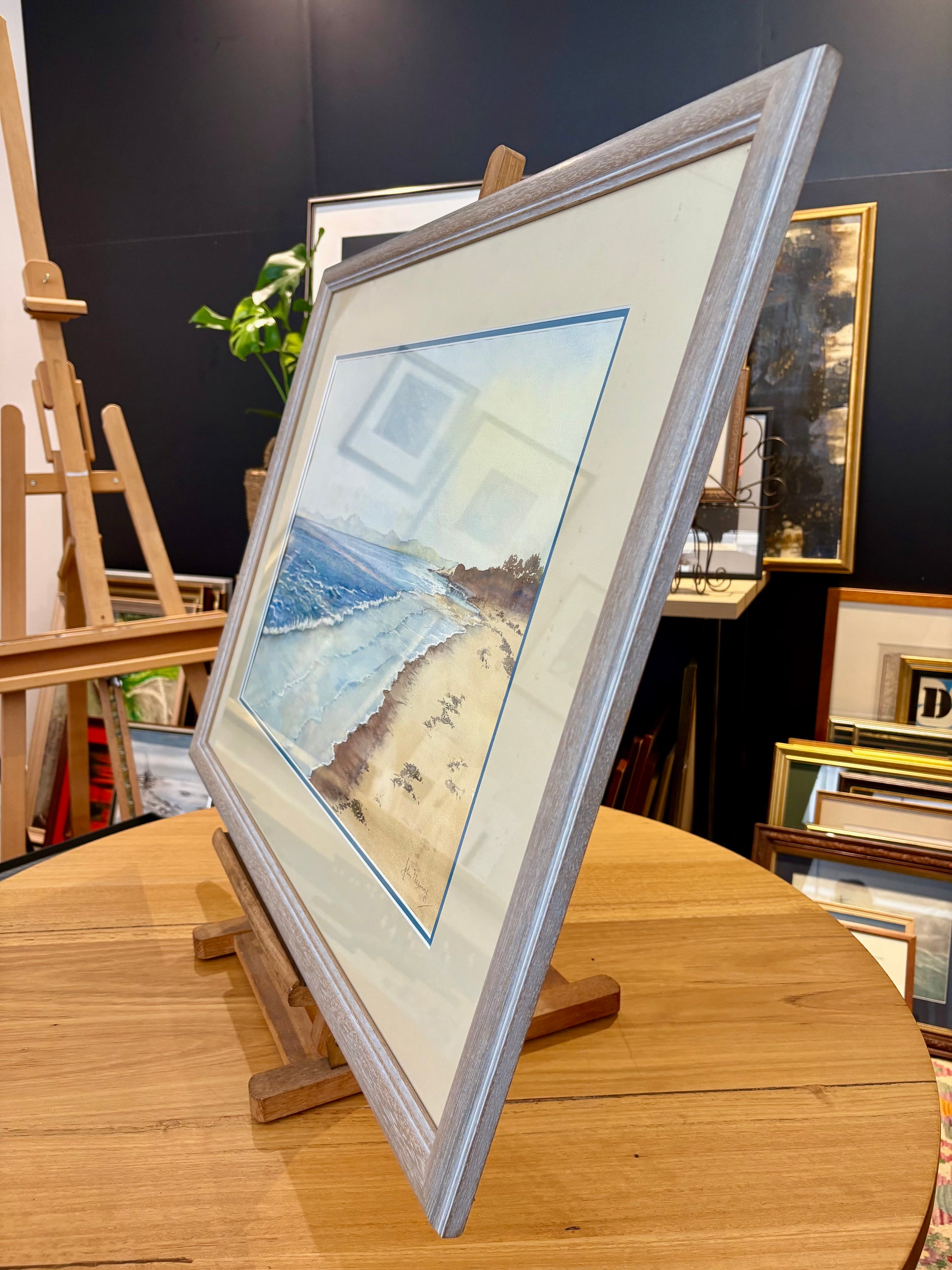 Original watercolour painting, John Flexmore, coastal scene, vintage framed art