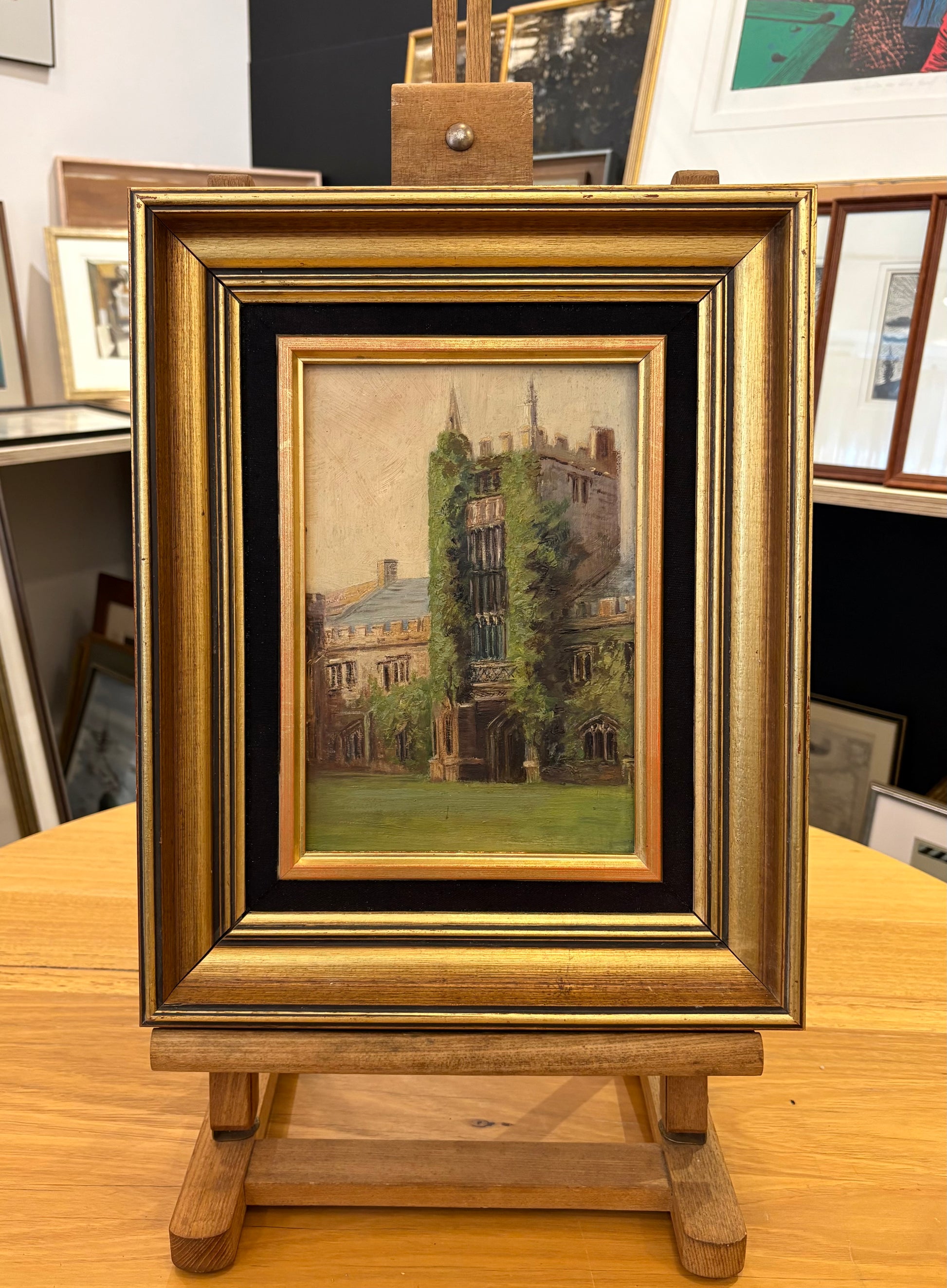 1900s original antique oil painting, Oxford University, framed art