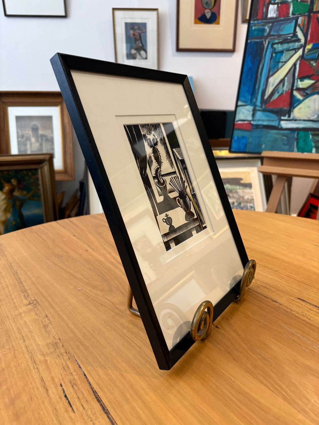 1924 print, woodblock, cactus, Edward Wadsworth, “Still Life”, framed vintage antique art