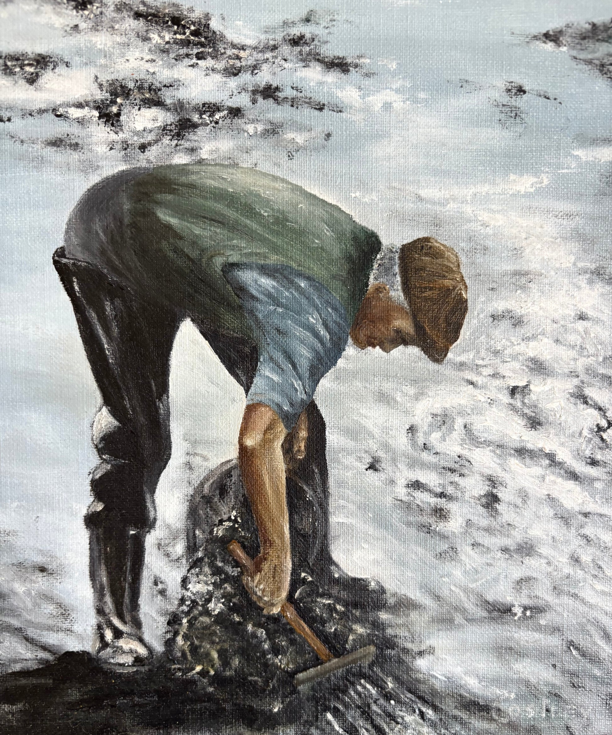 Original 1970s oil painting on board, vintage framed art, fishing