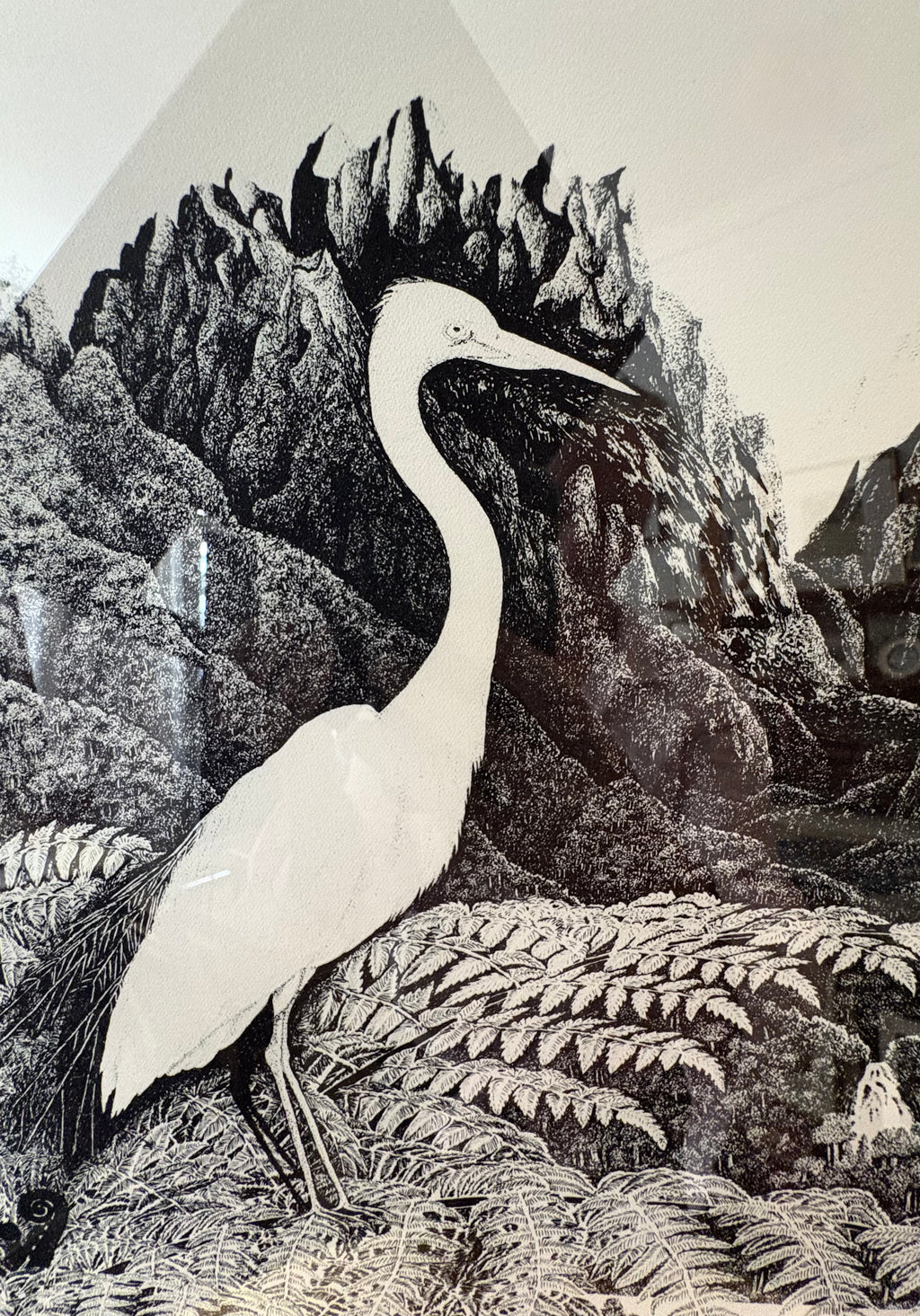 1970s Rei Hamon lithographic print, bird, New Zealand, framed vintage art