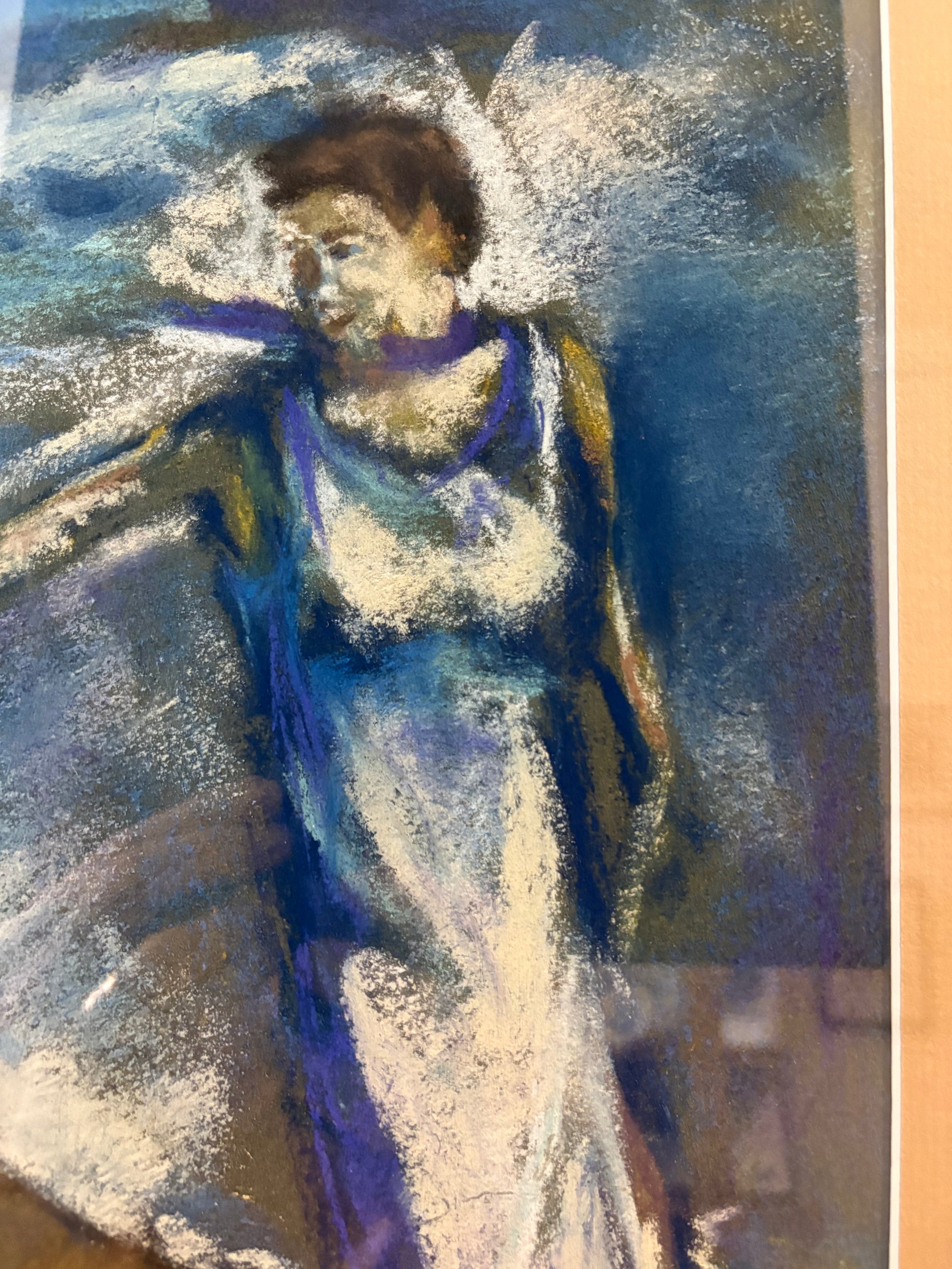 Large original Impressionist pastel drawing, vintage framed art