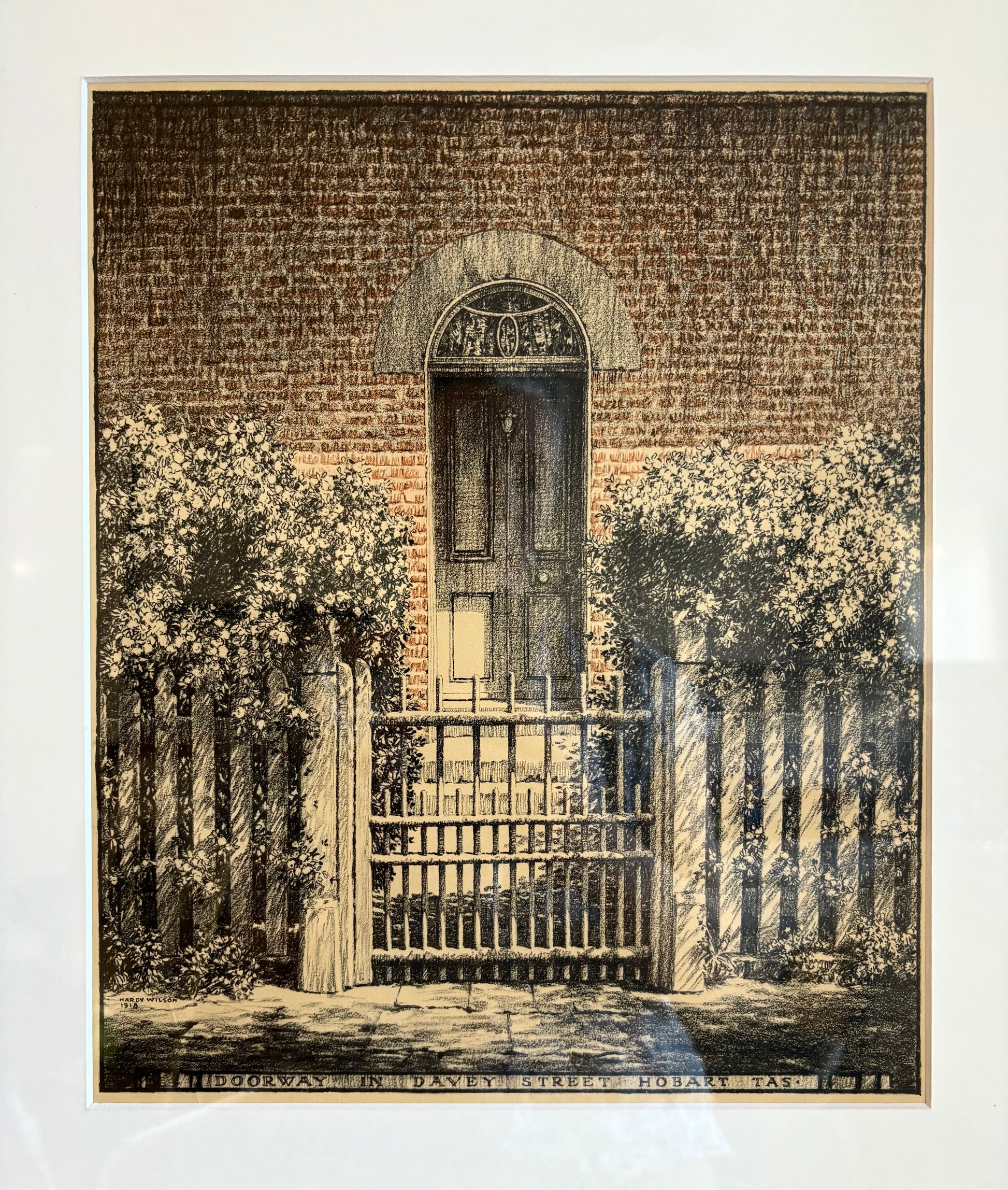 1920s Antique Hardy Wilson collotype print "Davey St" Tasmania, Architecture, framed art