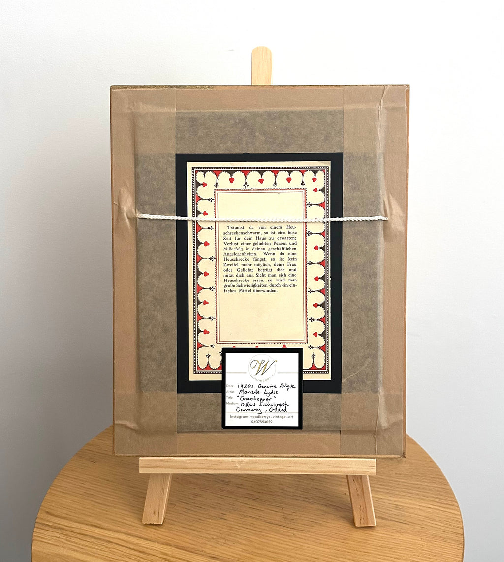 1920s Mariette Lydis gilded offset lithograph, grasshopper, framed art, antique