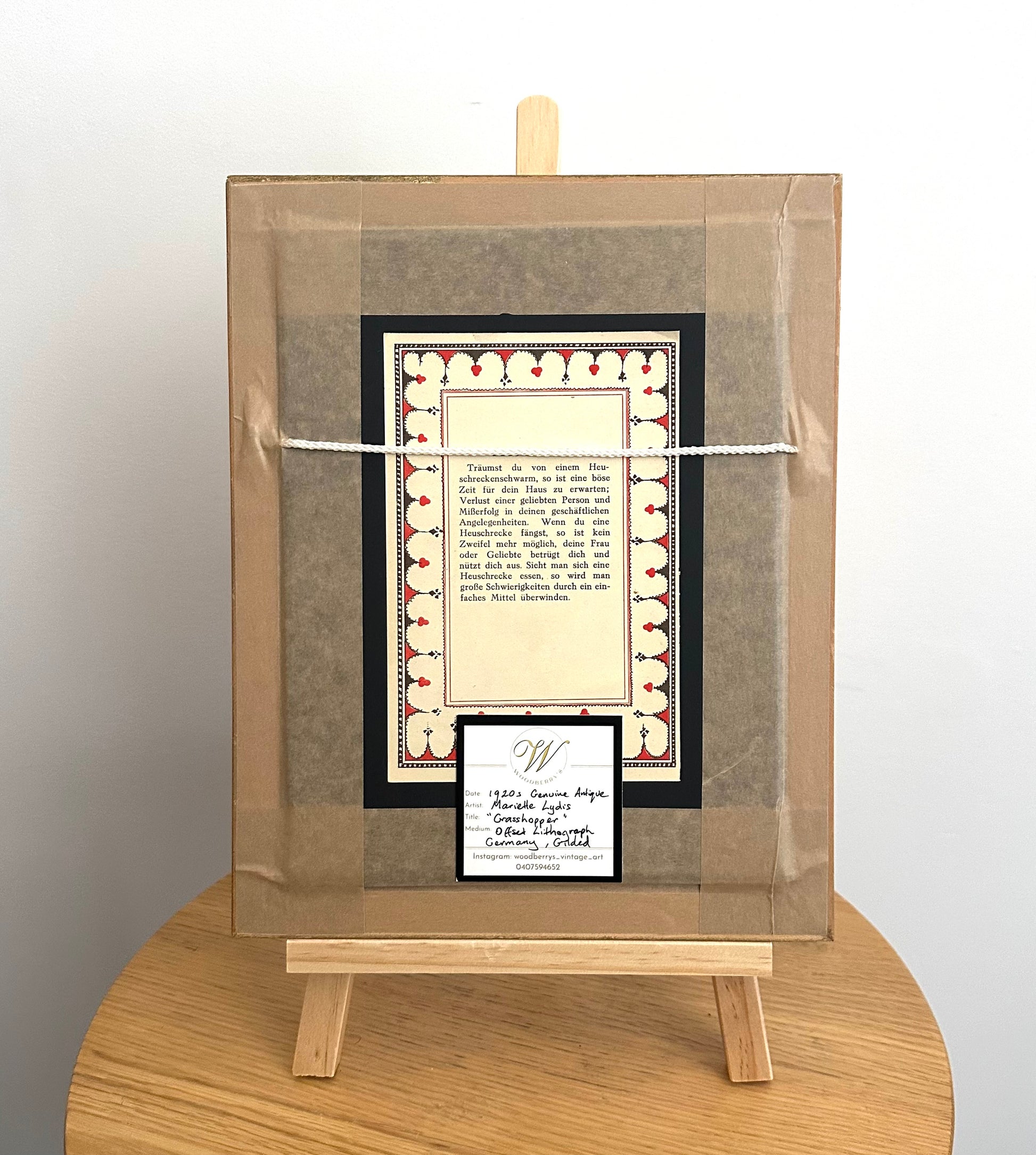1920s Mariette Lydis gilded offset lithograph, grasshopper, framed art, antique