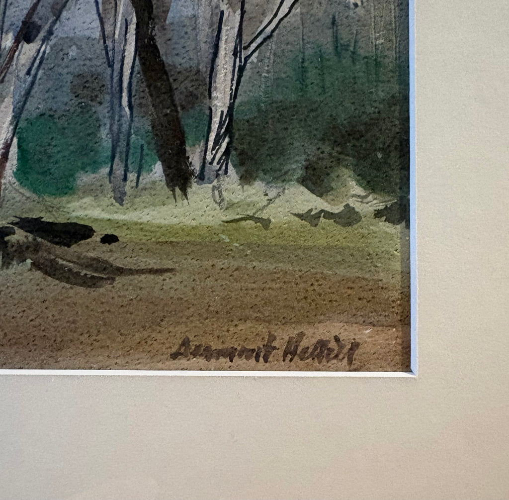 Mid Century original watercolour painting, Dermont Hellier, Australian bush, framed art