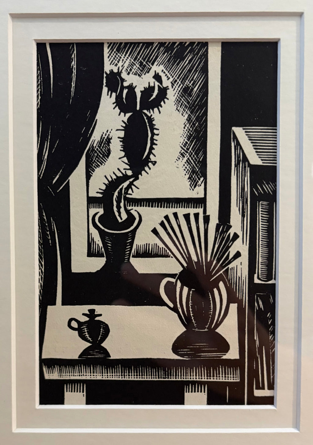 1924 print, woodblock, cactus, Edward Wadsworth, “Still Life”, framed vintage antique art
