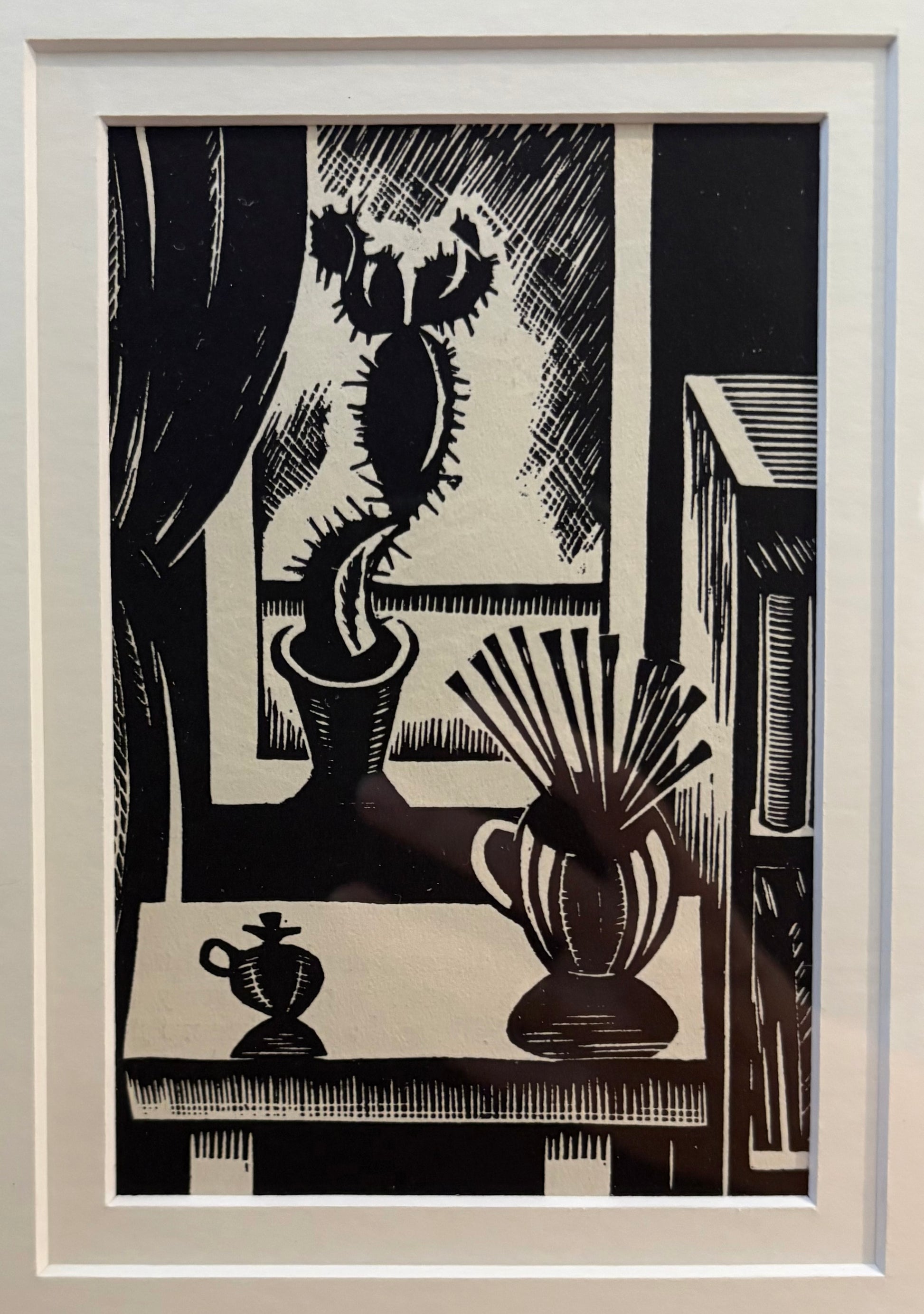 1924 print, woodblock, cactus, Edward Wadsworth, “Still Life”, framed vintage antique art