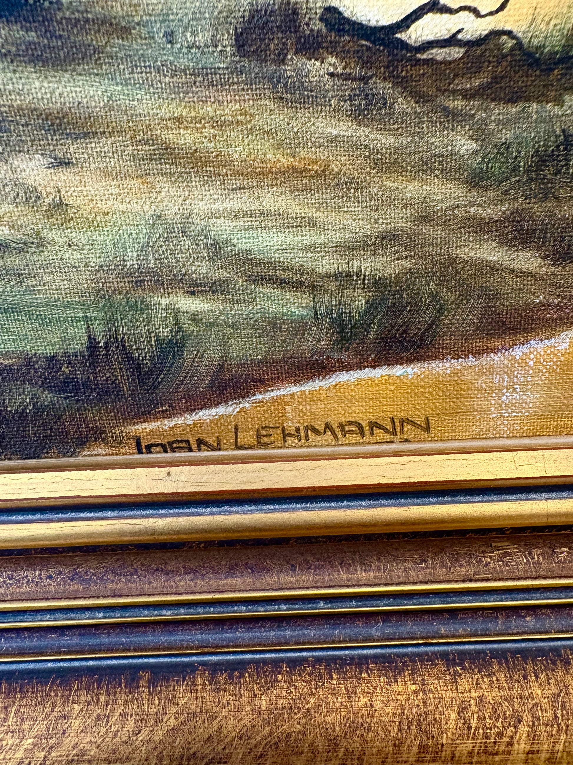 1970s original Joan Lehmann oil painting on canvas, Sunset, Australian landscape, framed art