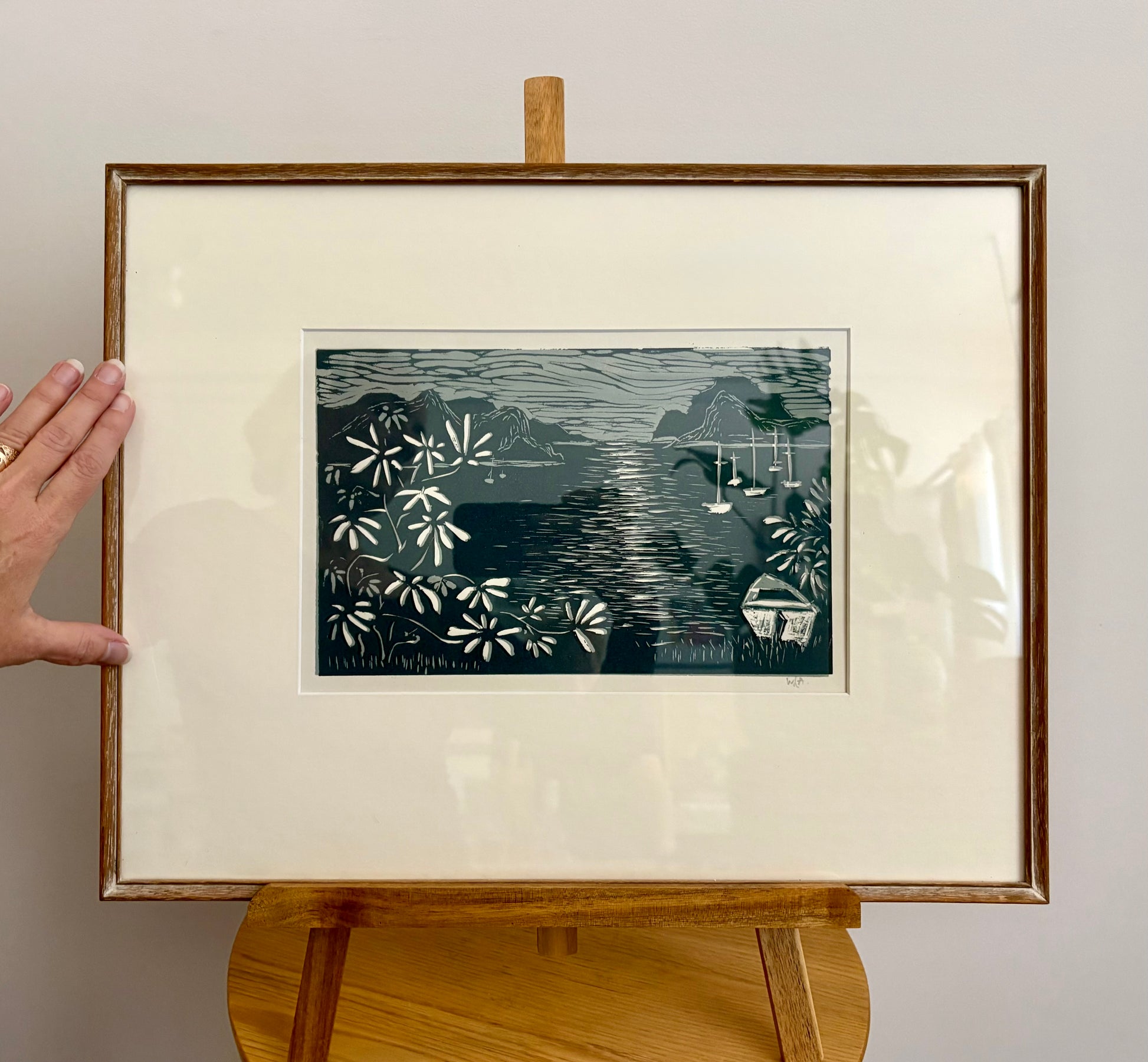 Vintage original linocut print, coastal scene, boats, signed framed art