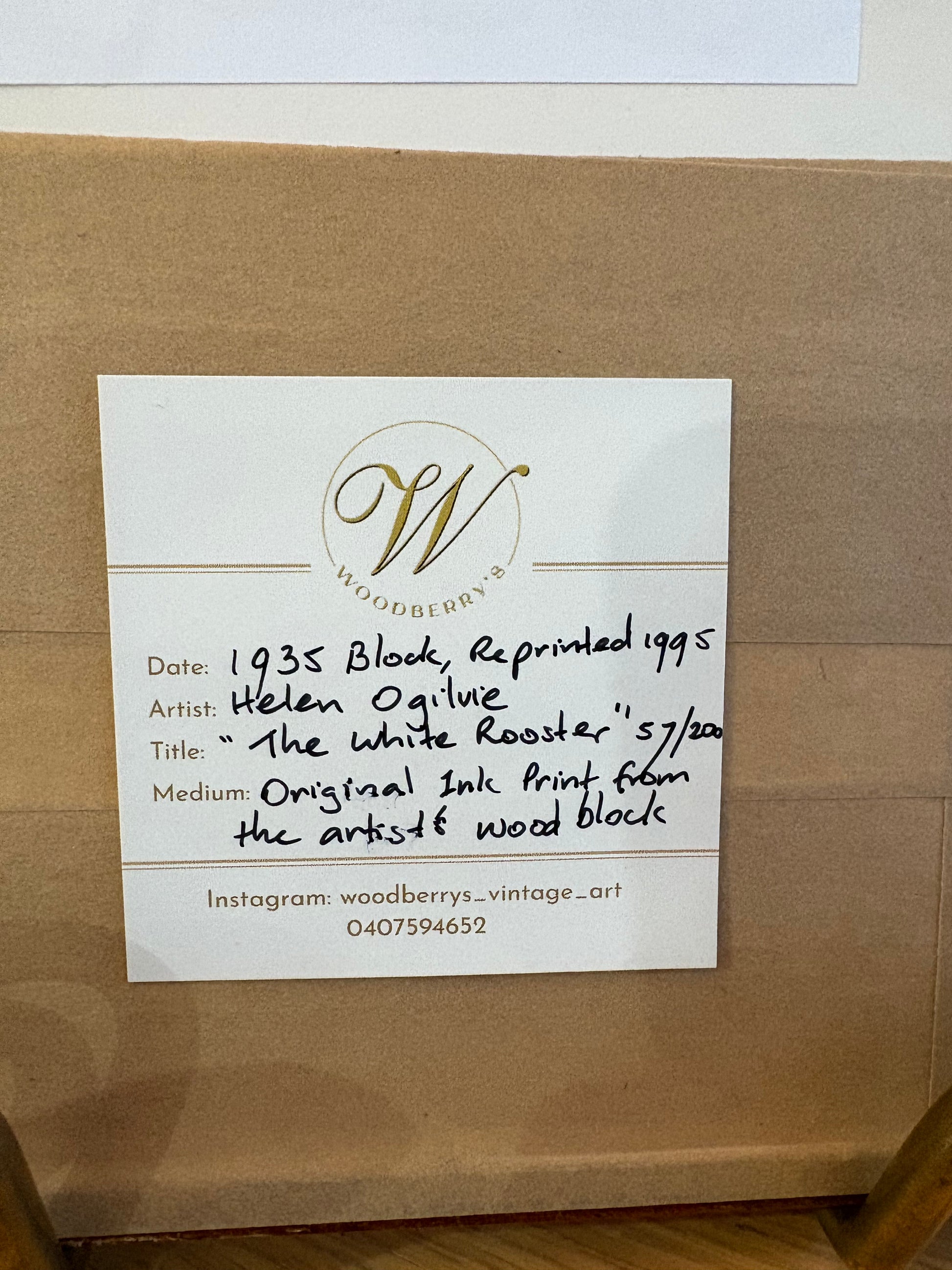 Original Helen Ogilvie woodblock print "The White Rooster", framed art, farmyard birds, Australian artwork