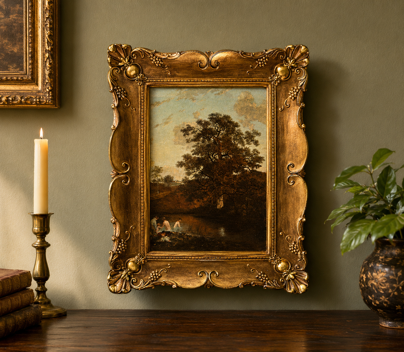 Antique miniature 1907 print after John Chromes painting, oak tree, vintage gilt framed art