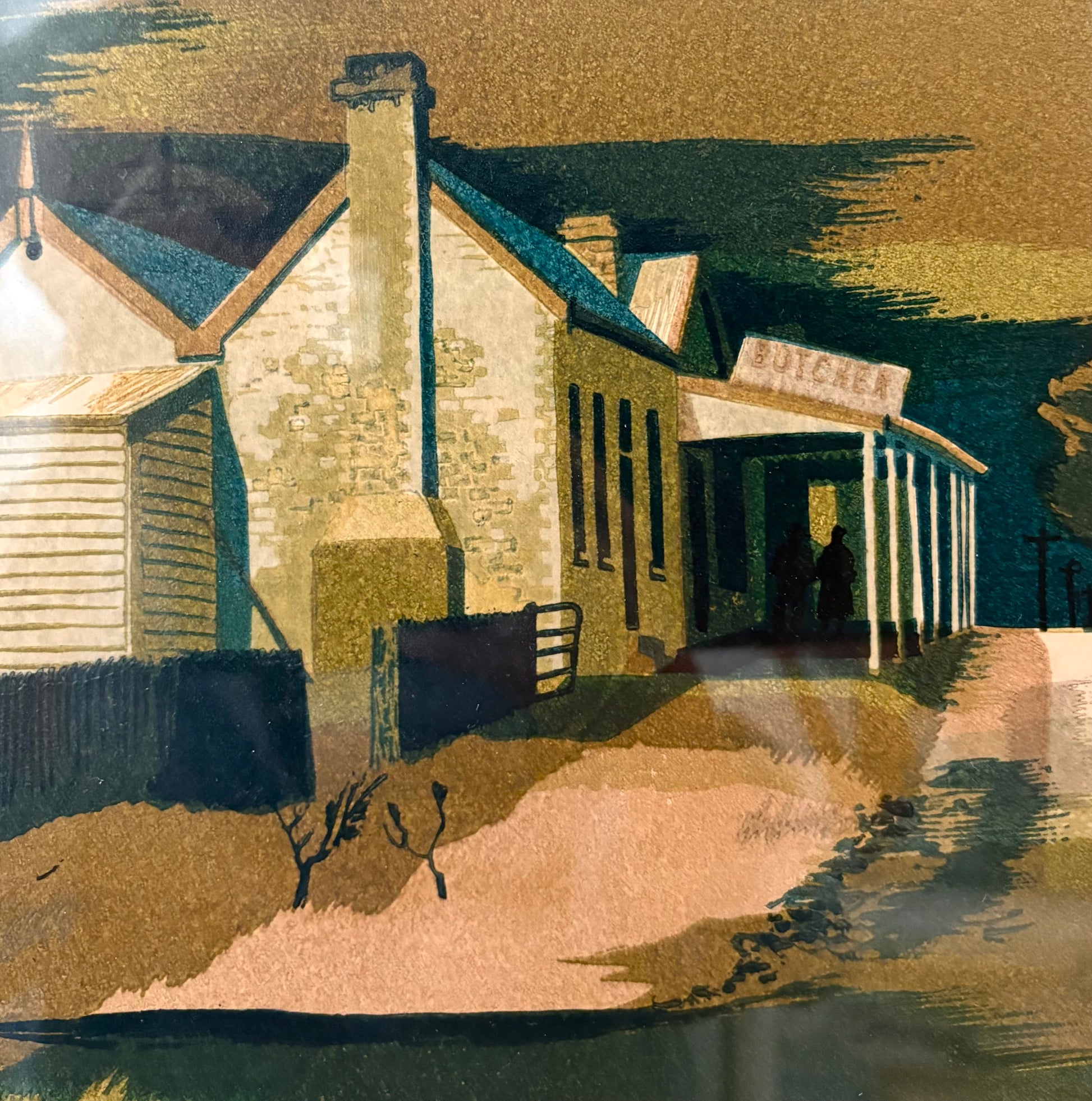 Large Mid Century original colour lino print, limited edition, Drysdale, Kenneth Jack, framed art