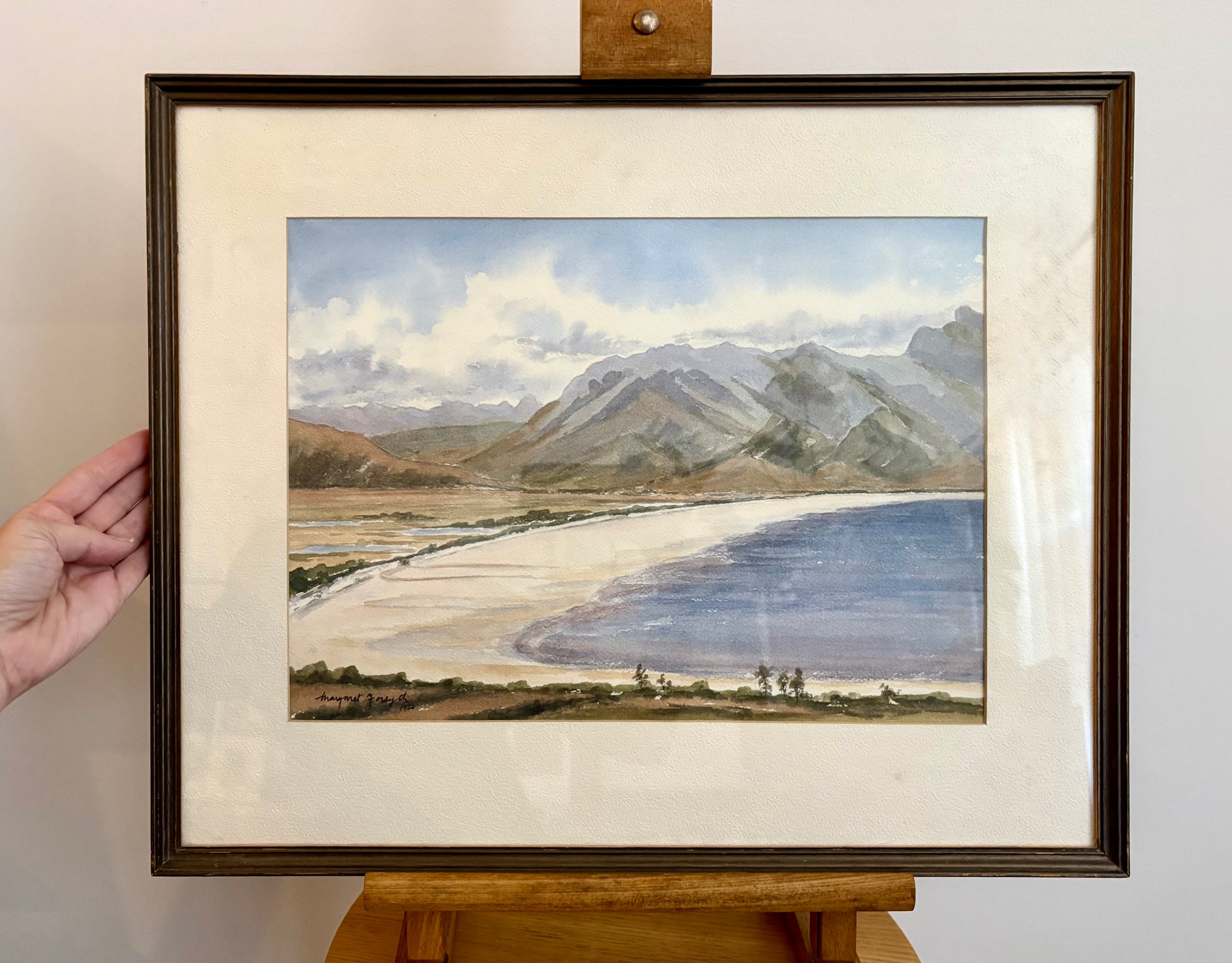 Original watercolour painting, Lake Pedder Tasmania, framed vintage art