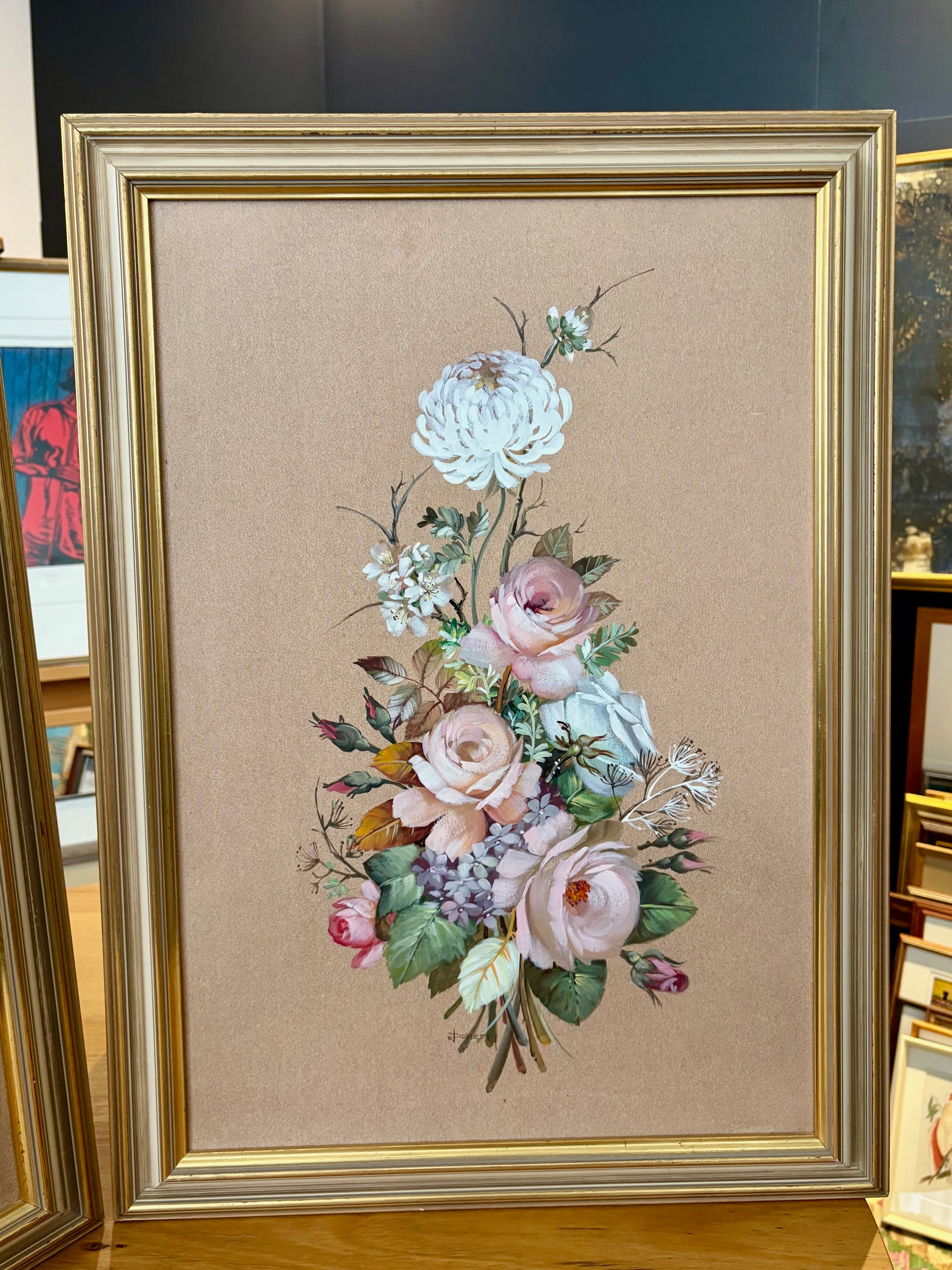 Pair of 1960s original watercolour paintings on board, “Floral Bouquet”, signed