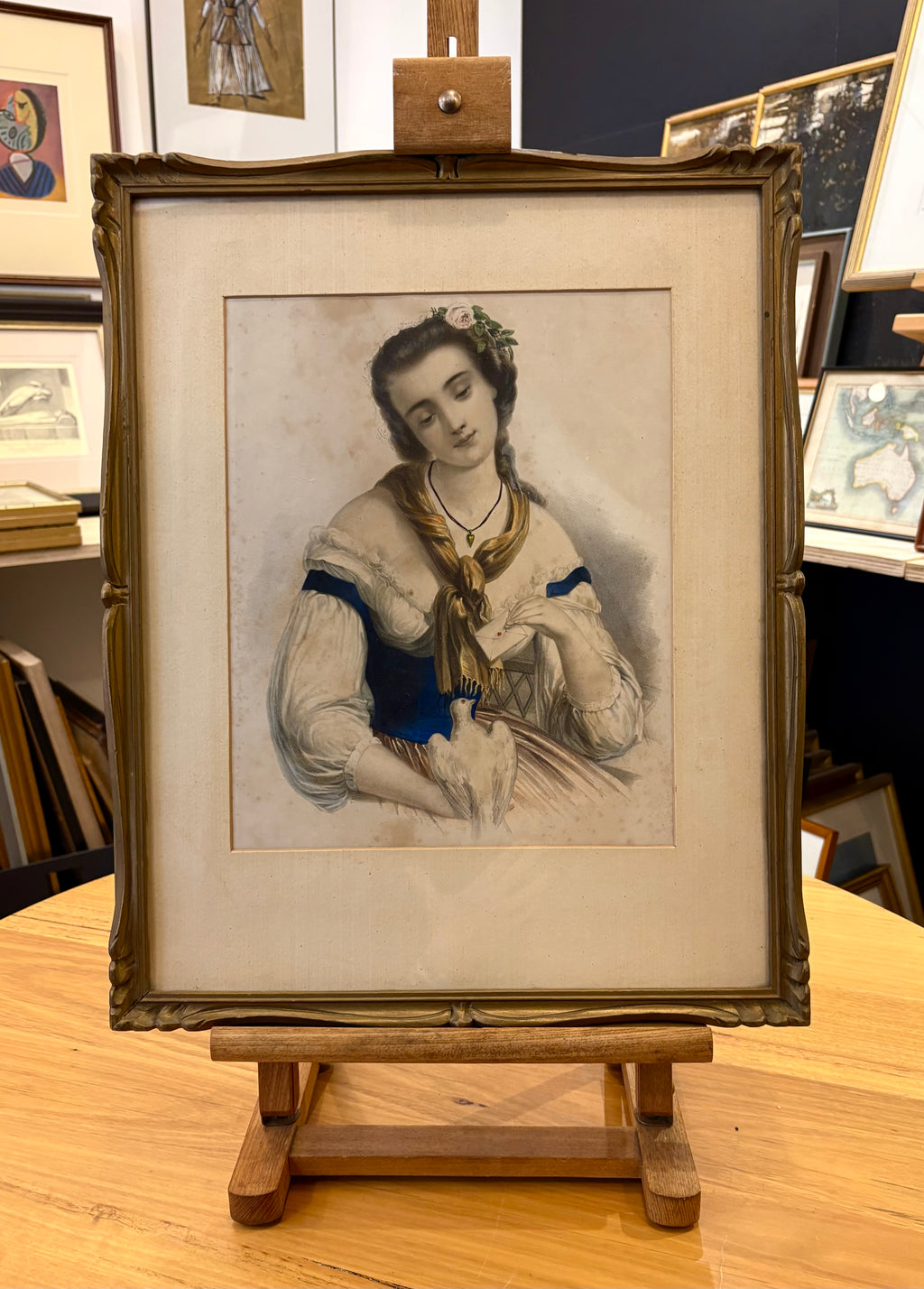 1850s Antique chromolithograph, portrait, woman with dove, love letter, framed art