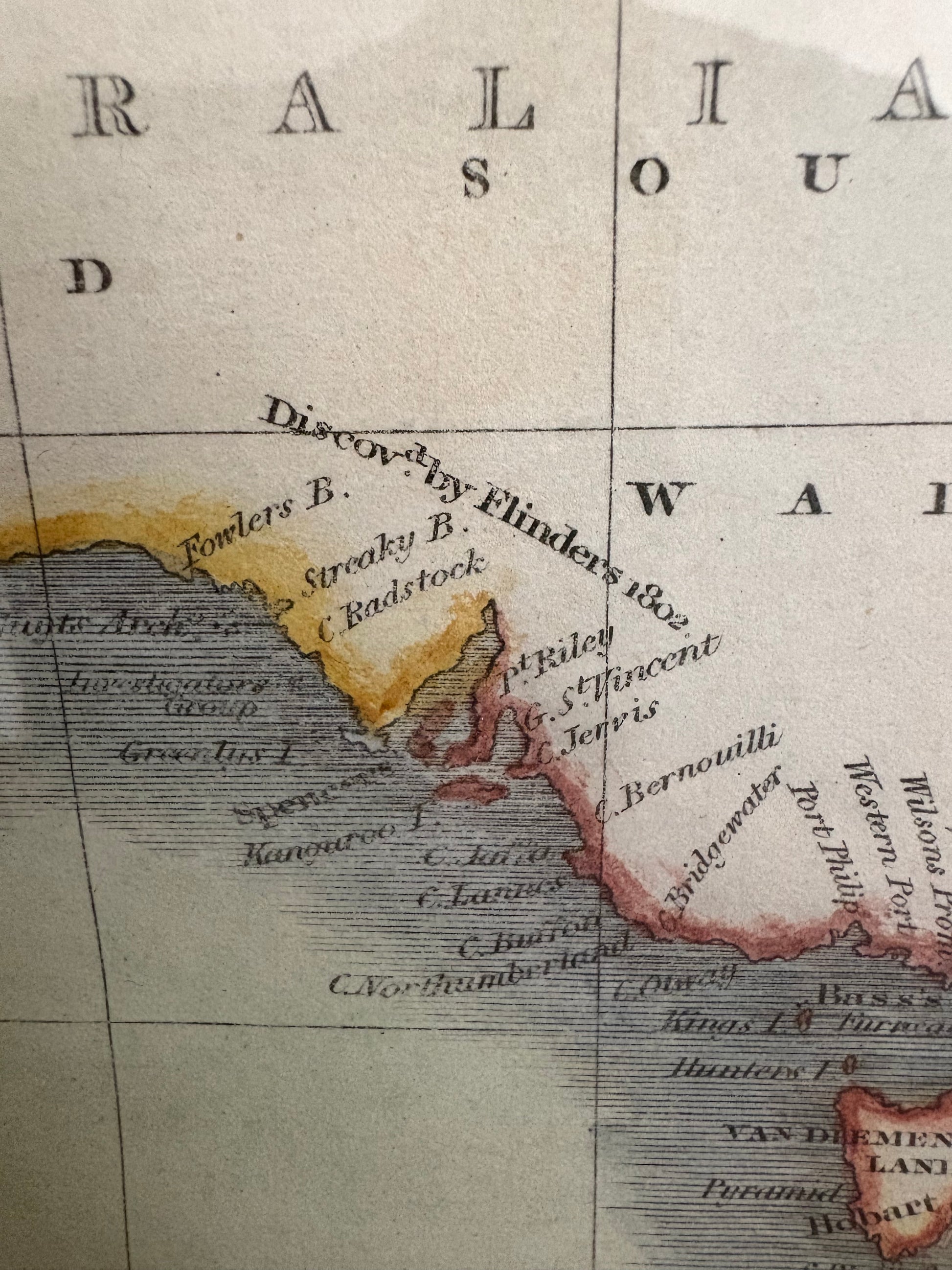 1819 antique map of Australia and surrounds, engraved, hand coloured, Thompson & Co, vintage framed