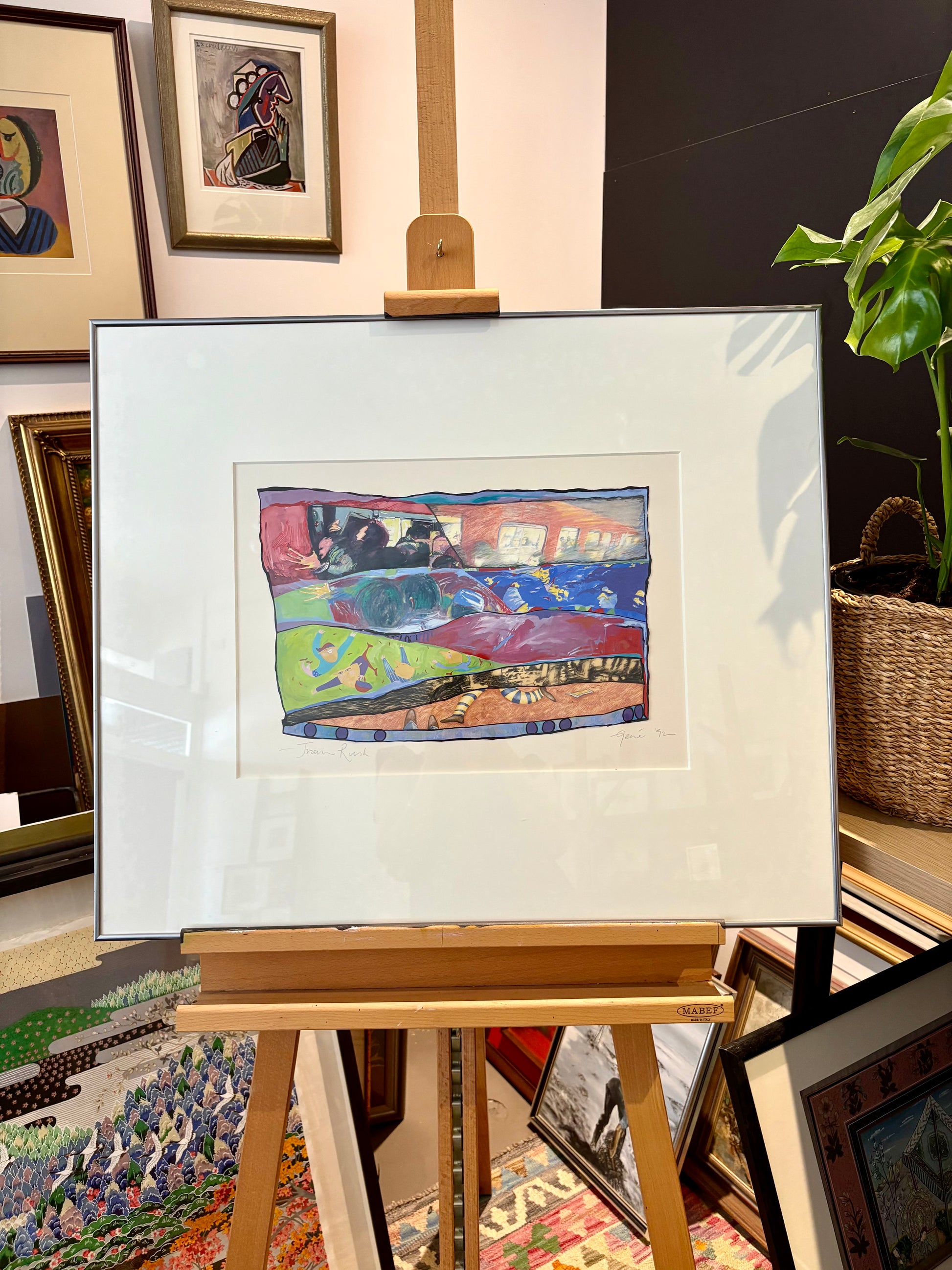 Original mixed media painting, signed, “Train Rush”, 1992, framed vintage art