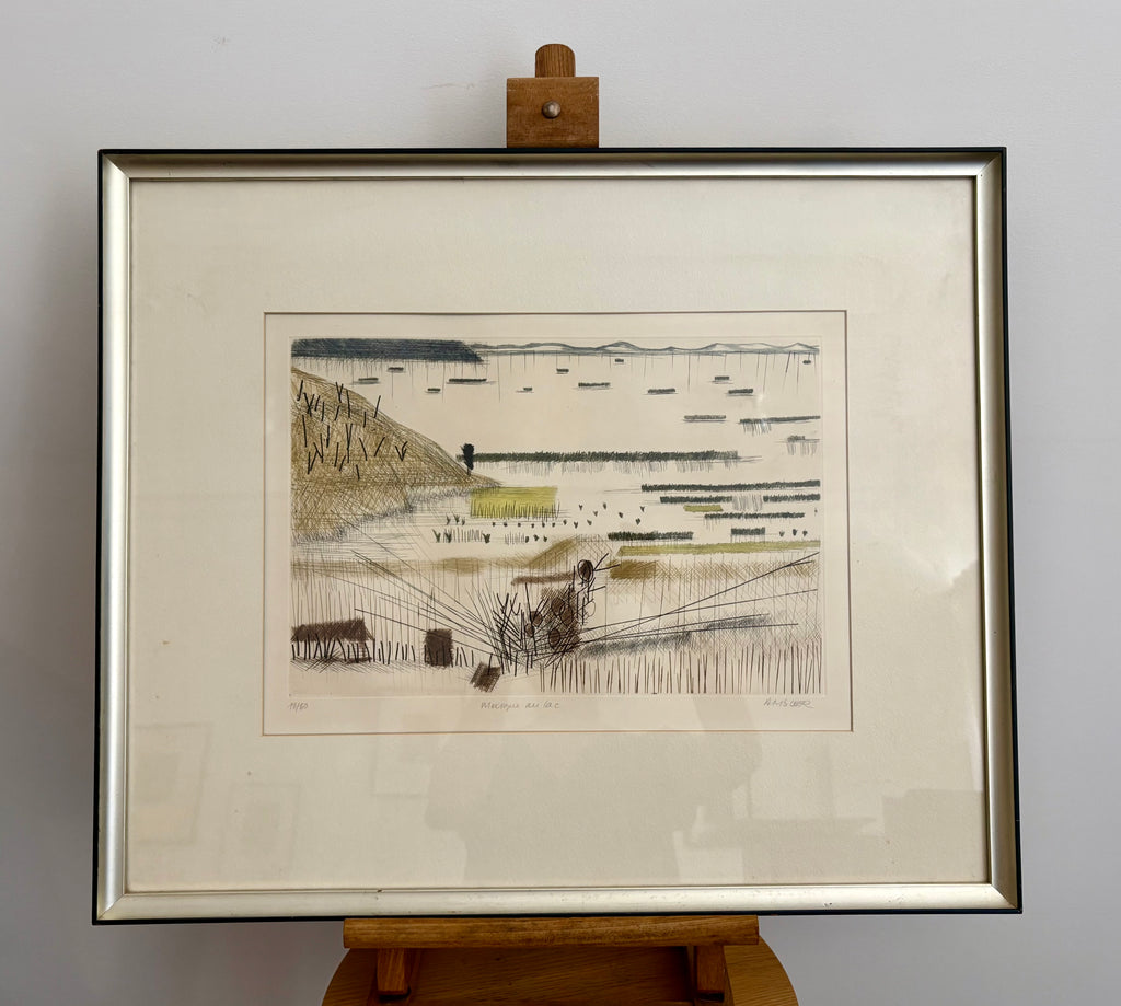 1975 original dry point etching, Marcel Amler, landscape, framed vintage art