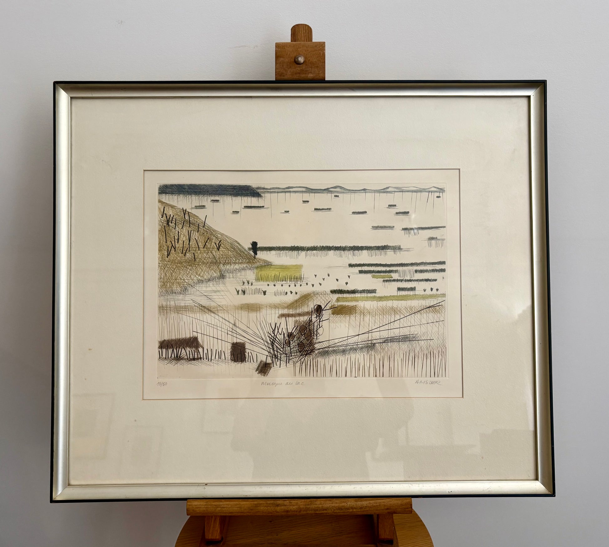 1975 original dry point etching, Marcel Amler, landscape, framed vintage art