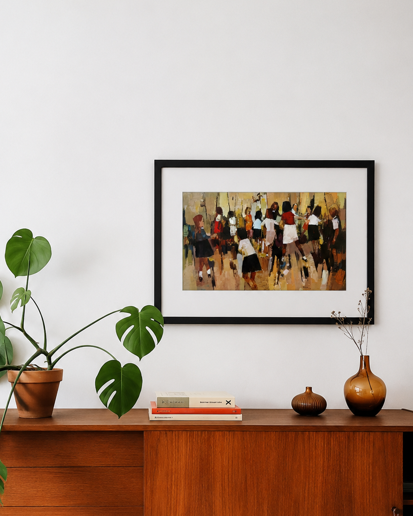 Large 1970s gallery print, John Rigby “Children Dancing, vintage framed art
