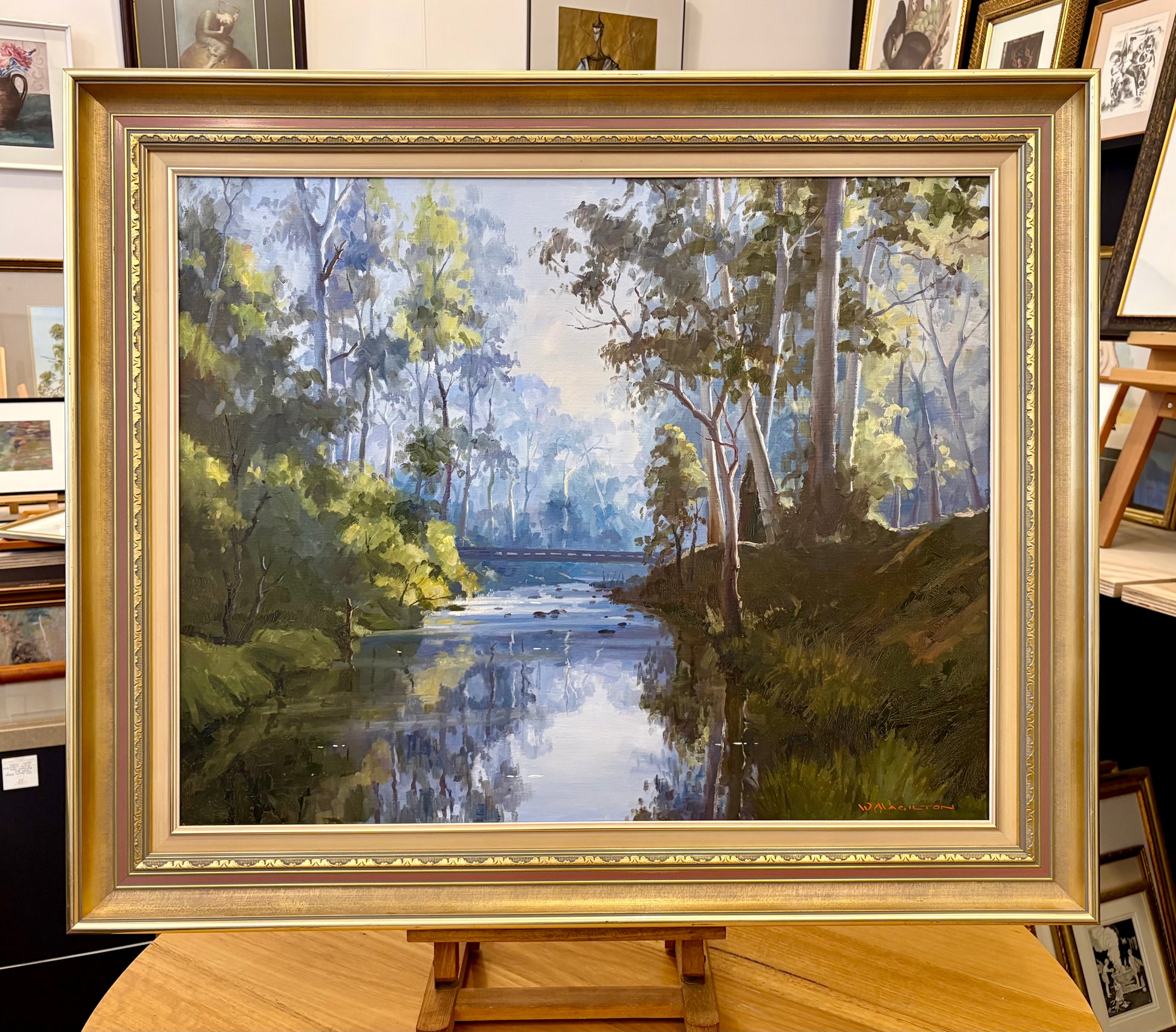 Large original oil painting on linen, Walter Magilton, “Sheepyard Flat”, vintage framed art