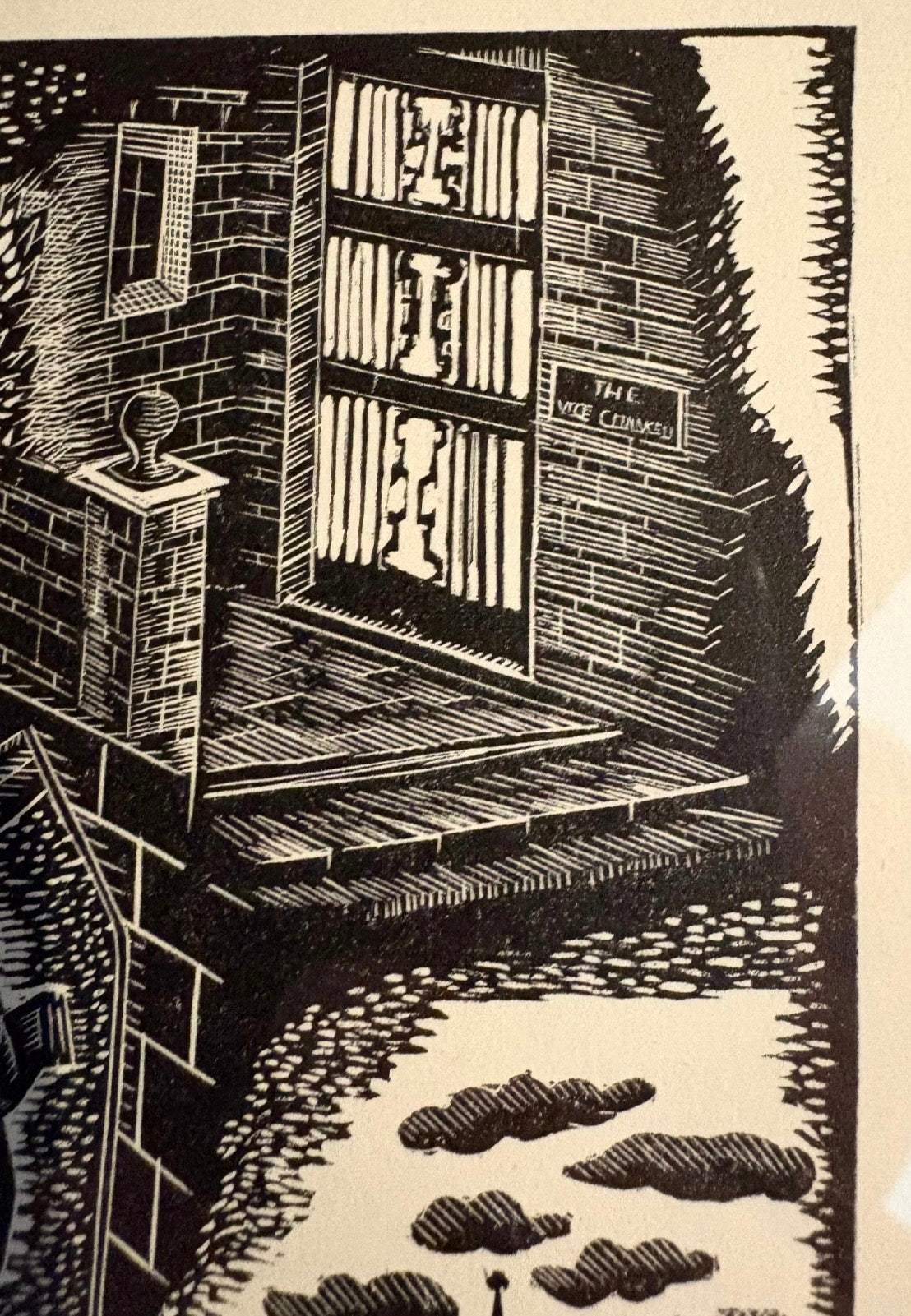Original Helen Ogilvie woodblock print "Melbourne University", framed art, Architecture, Australian artwork