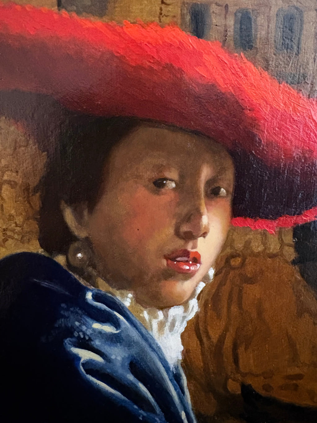 Original reproduction oil painting on board (after Vermeer), Girl in Red Hat, framed vintage art