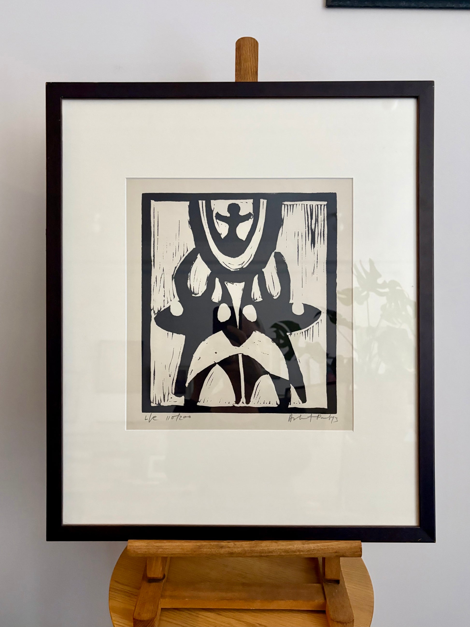 Large 1973 original linocut artwork, Ashit Paul, mythical, vintage framed art