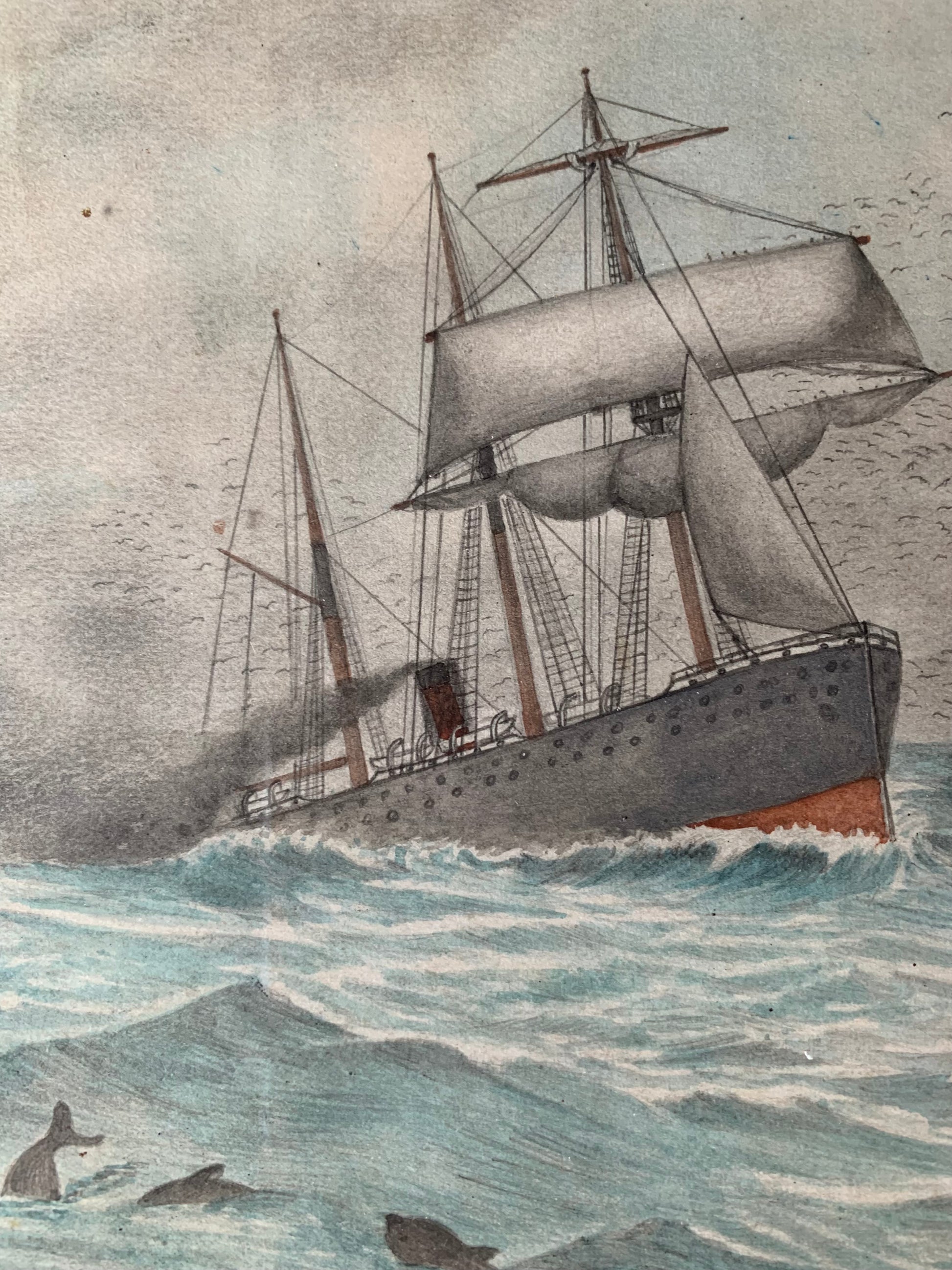 1900s Original watercolour painting, ship, antique framed art