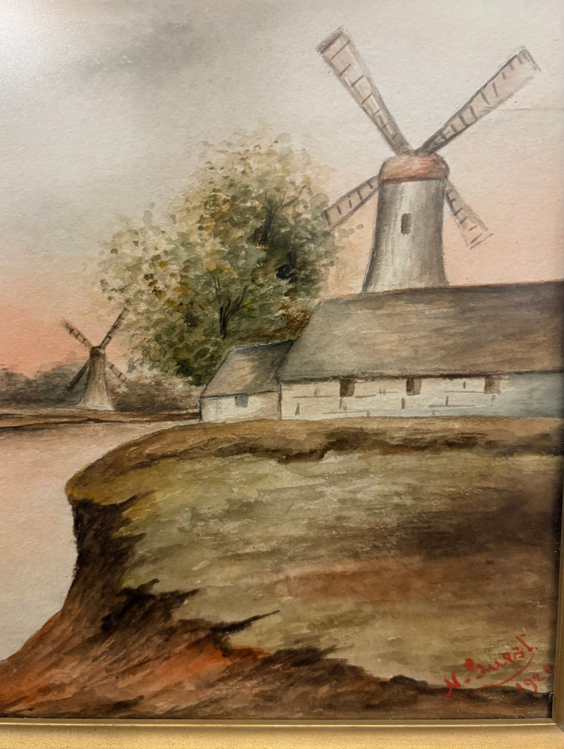 1920 Antique signed watercolour painting, N. Guest, Windmills, framed art