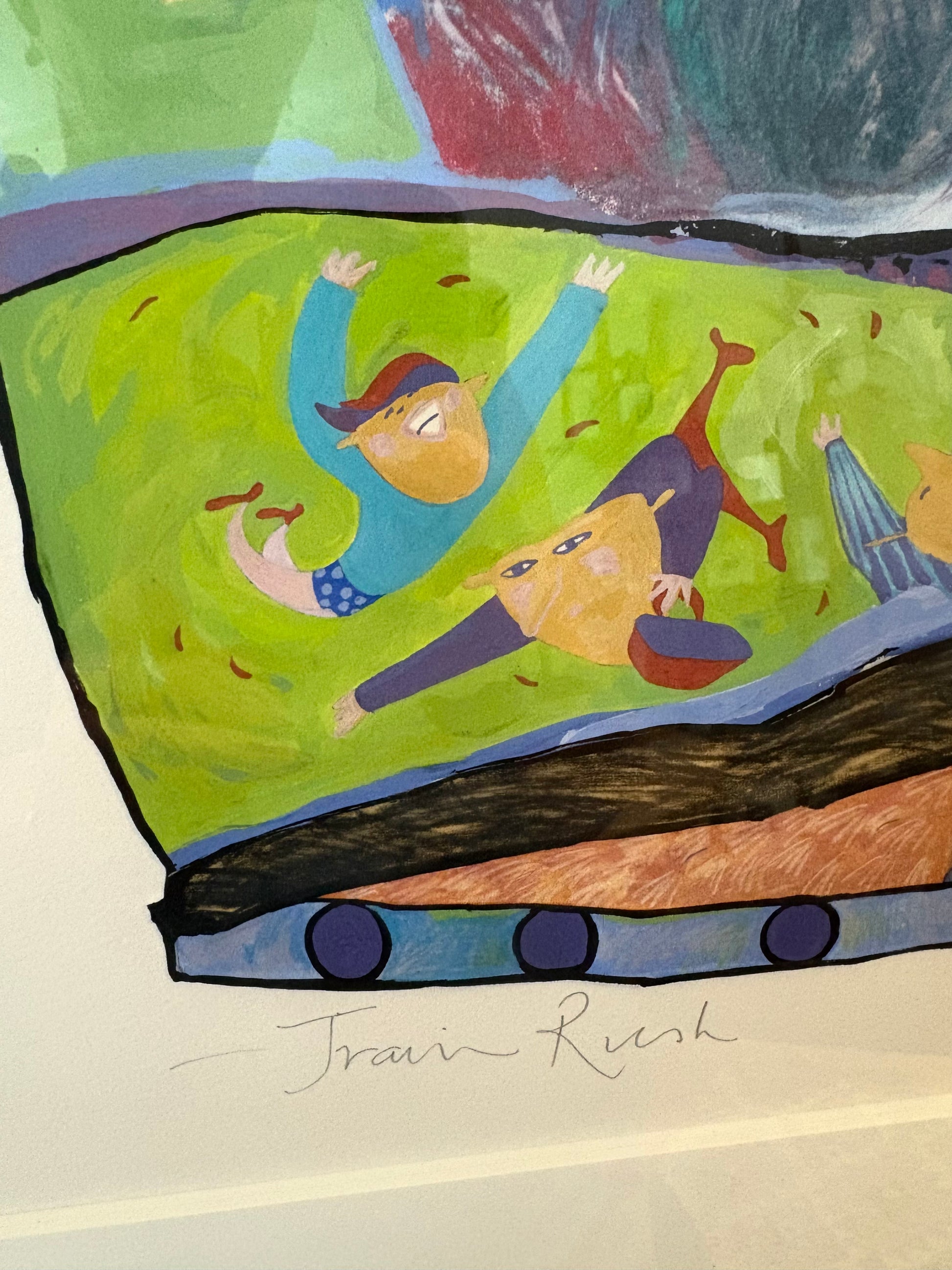 Original mixed media painting, signed, “Train Rush”, 1992, framed vintage art