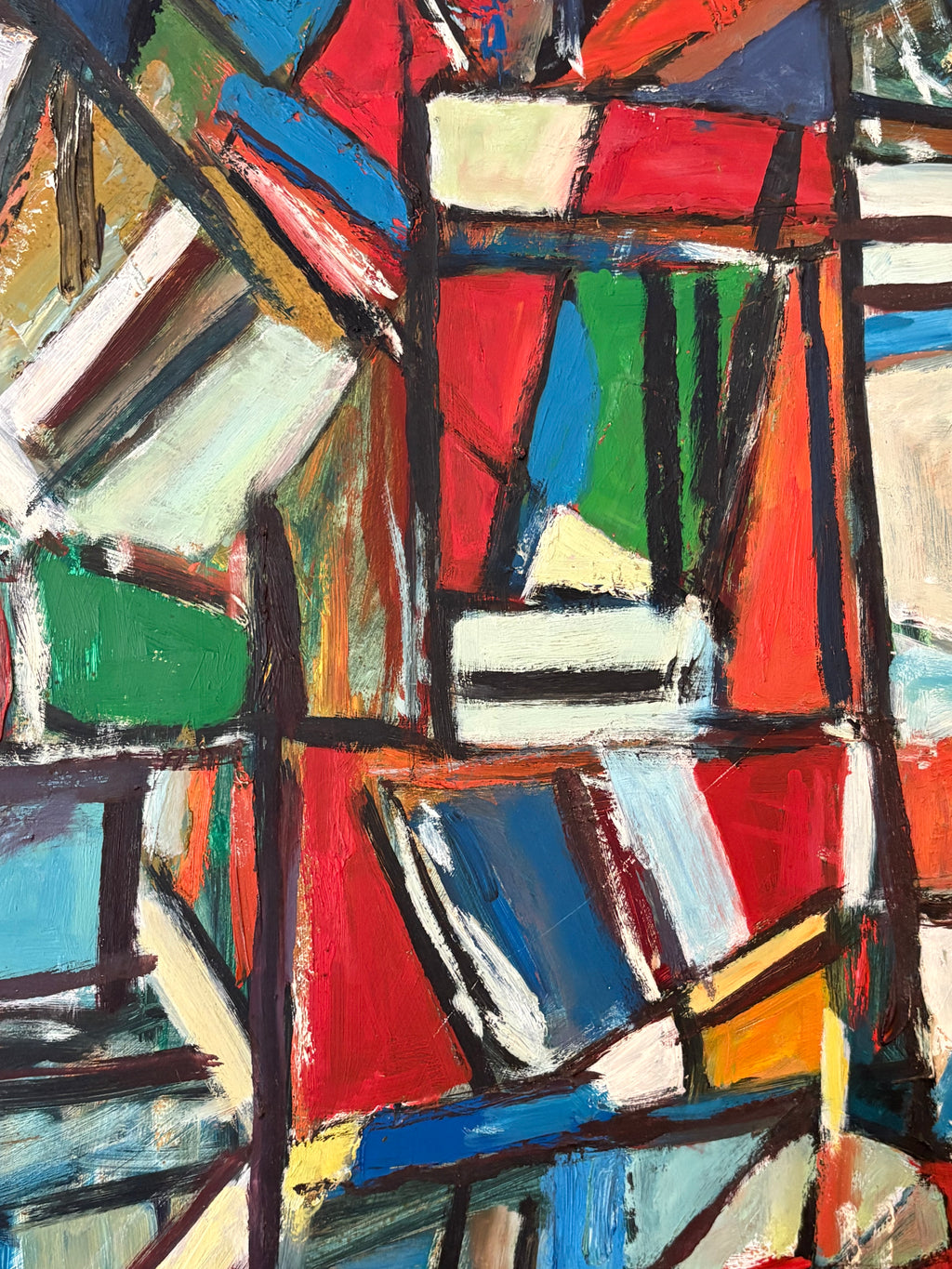 Large Mid Century original abstract Cubist painting on board, framed vintage art