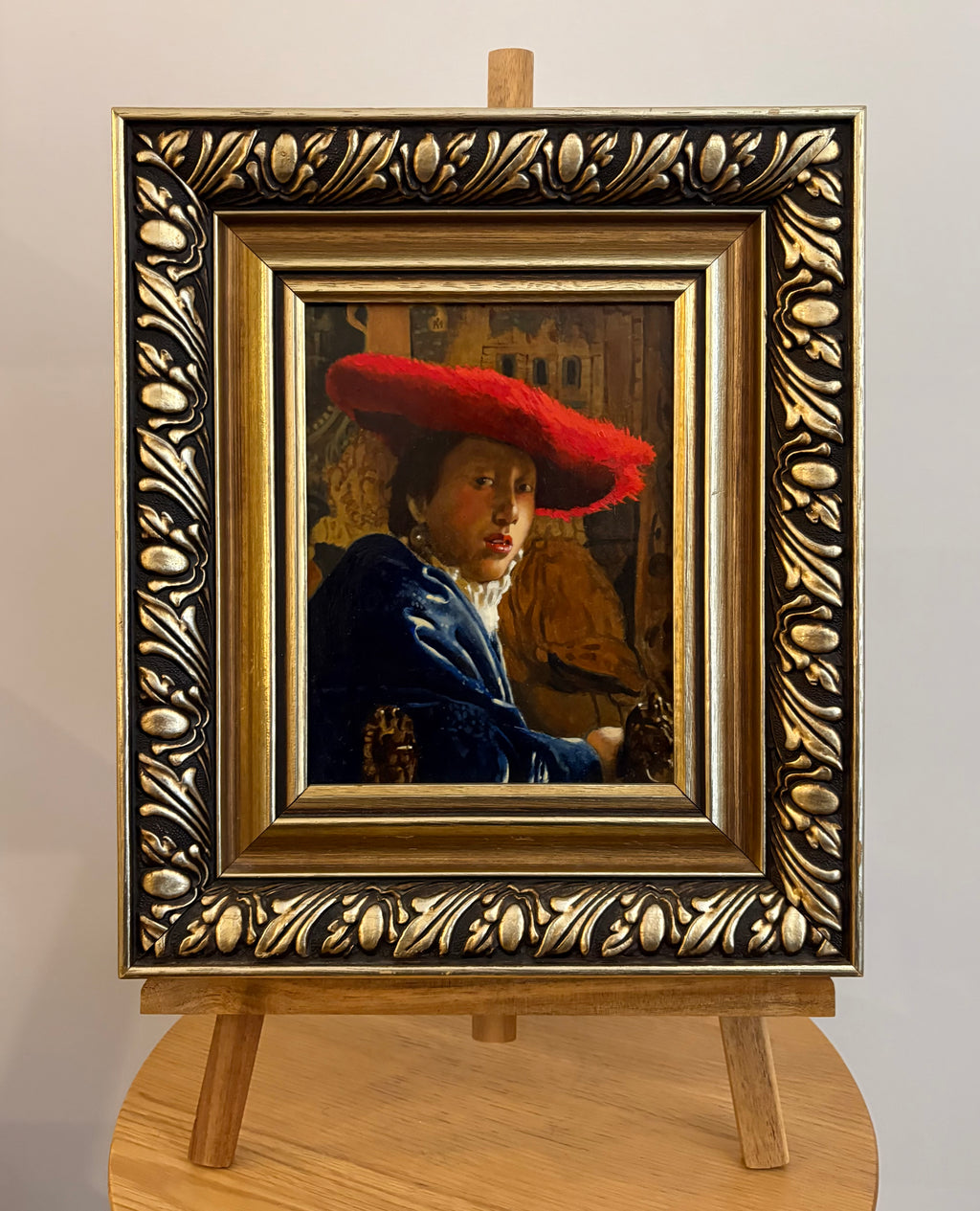 Original reproduction oil painting on board (after Vermeer), Girl in Red Hat, framed vintage art