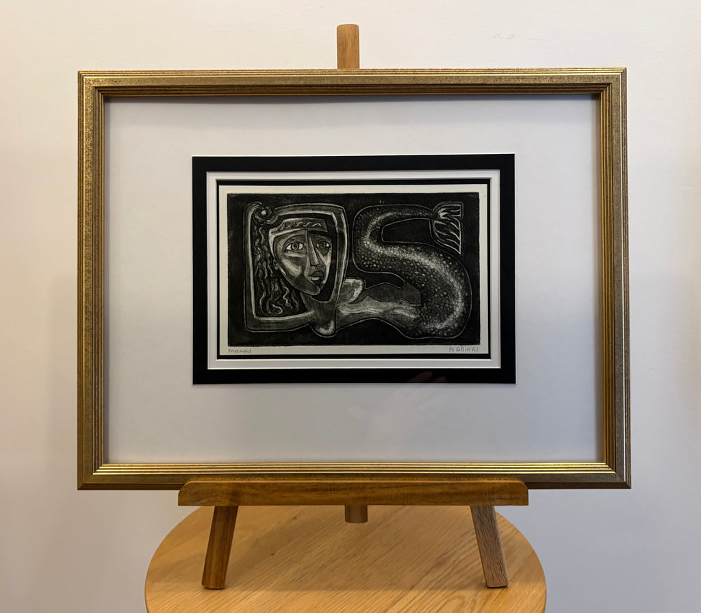 Original Nigel Gillings etching, Mermaid, signed, framed vintage art