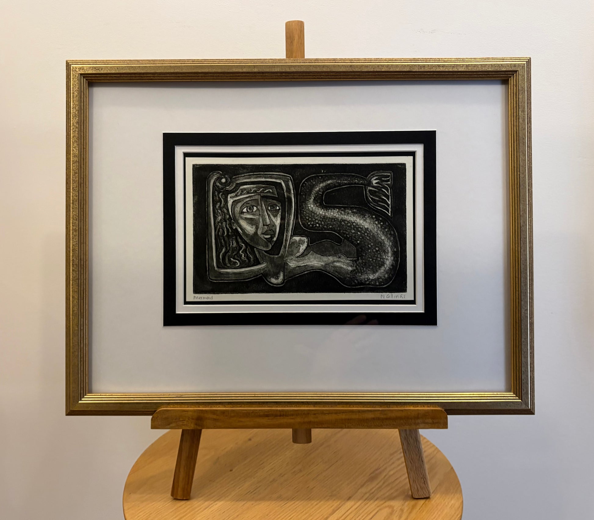 Original Nigel Gillings etching, Mermaid, signed, framed vintage art
