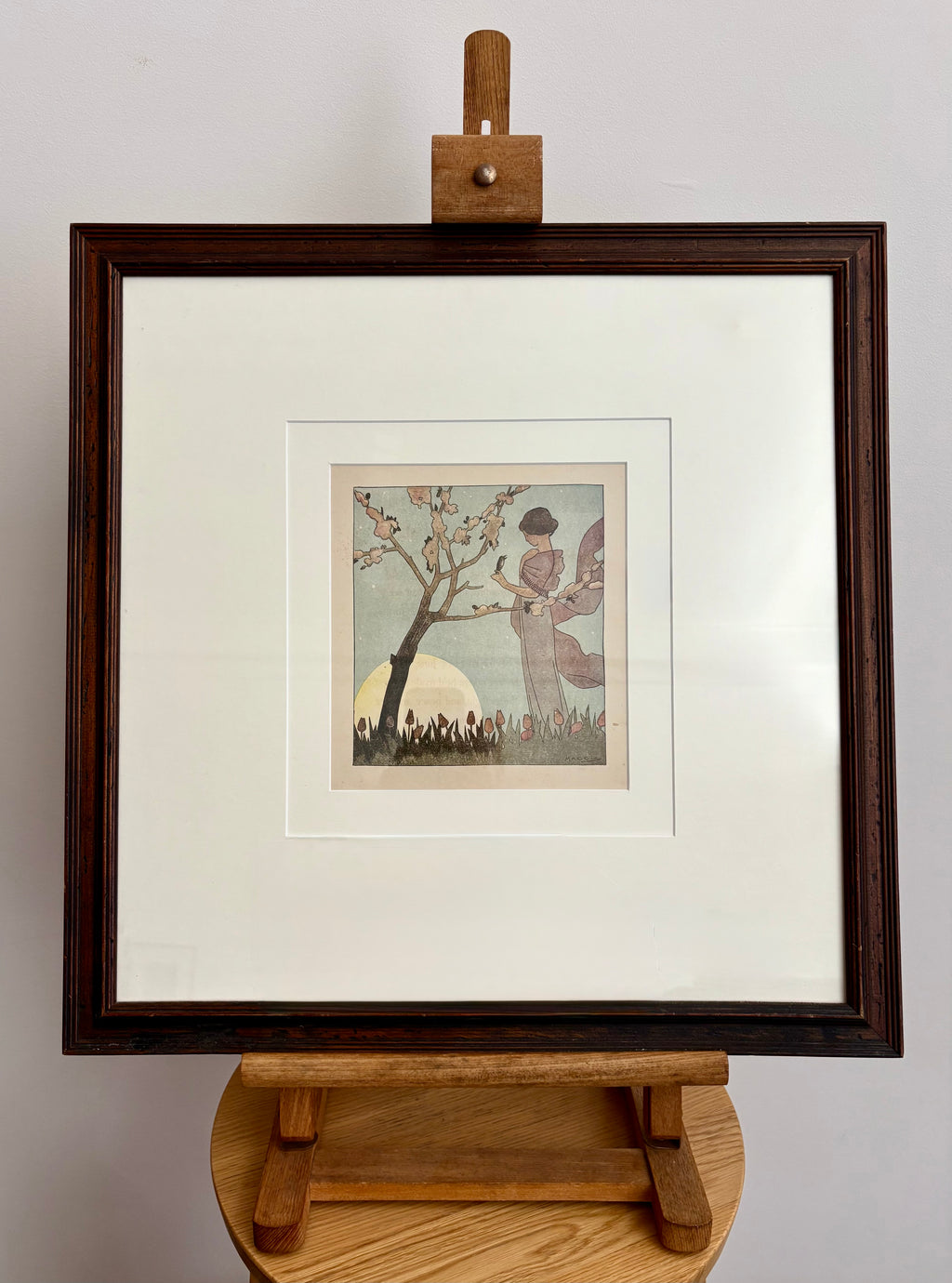 Rare original Art Deco woodblock print, 1911 antique, Maggie Salcedo, French framed art