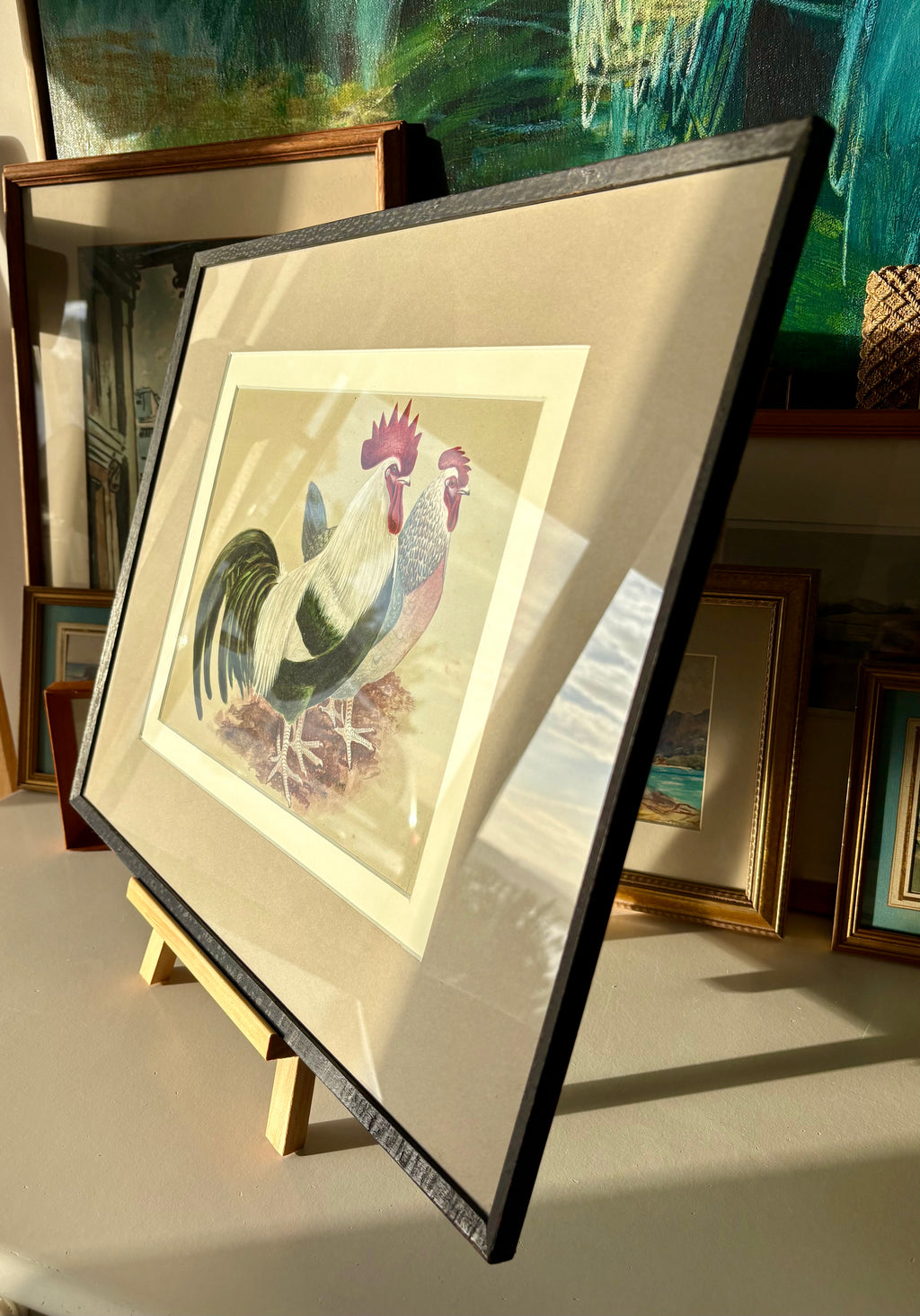 1930s original painting, Silver Dorking Fowl, rooster, chicken, framed vintage art