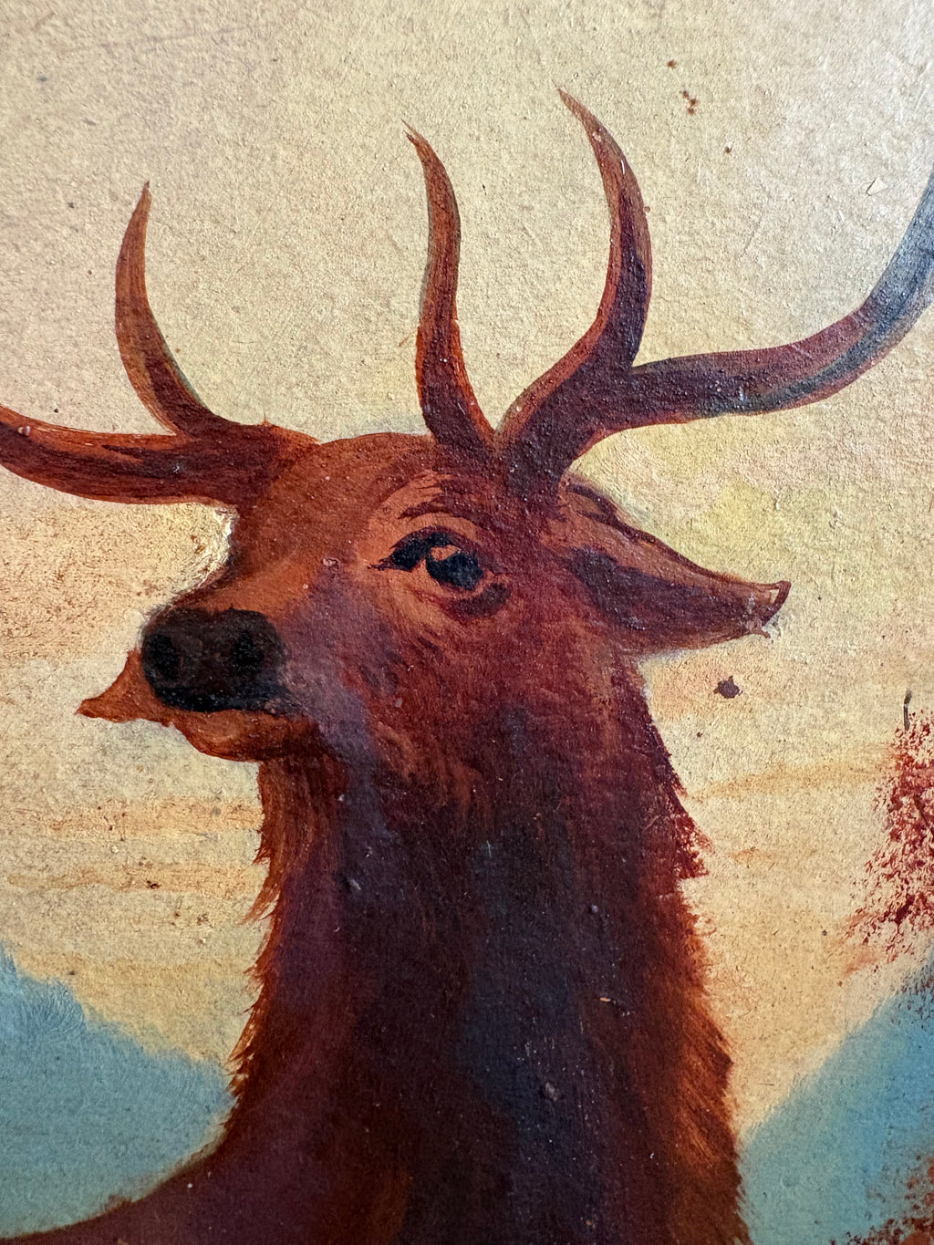 Large pair of original antique 1919 Stag oil paintings, deer, framed art