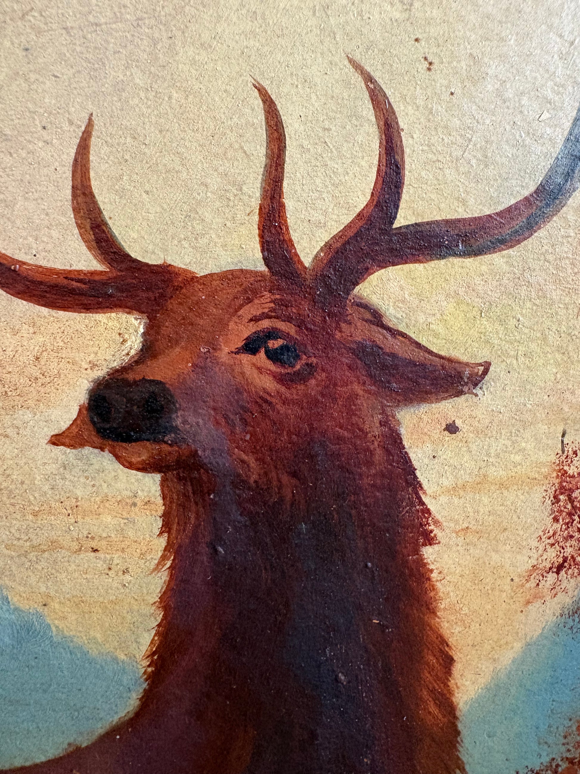 Large pair of original antique 1919 Stag oil paintings, deer, framed art