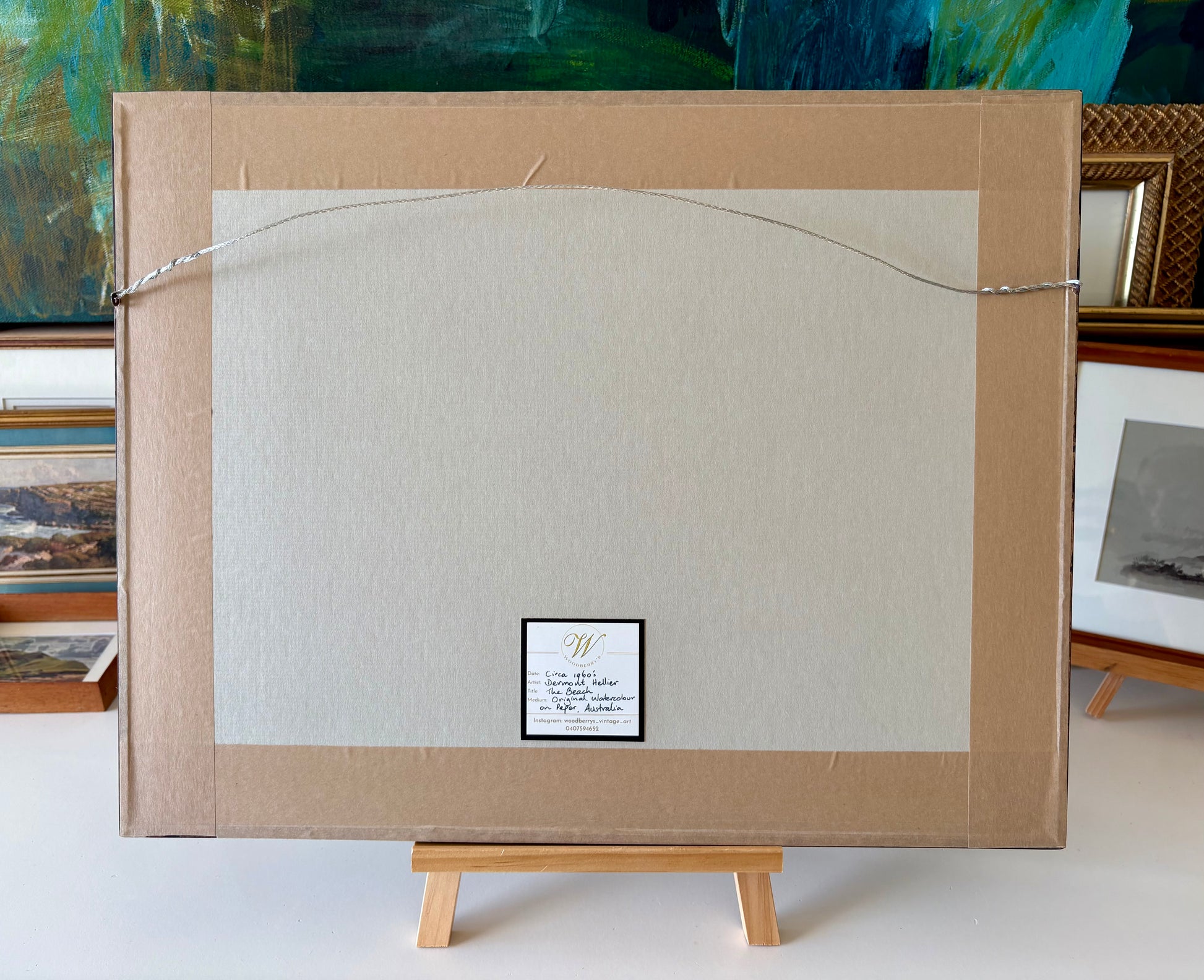 Mid Century original watercolour painting, Dermont Hellier, Australian beach, framed art