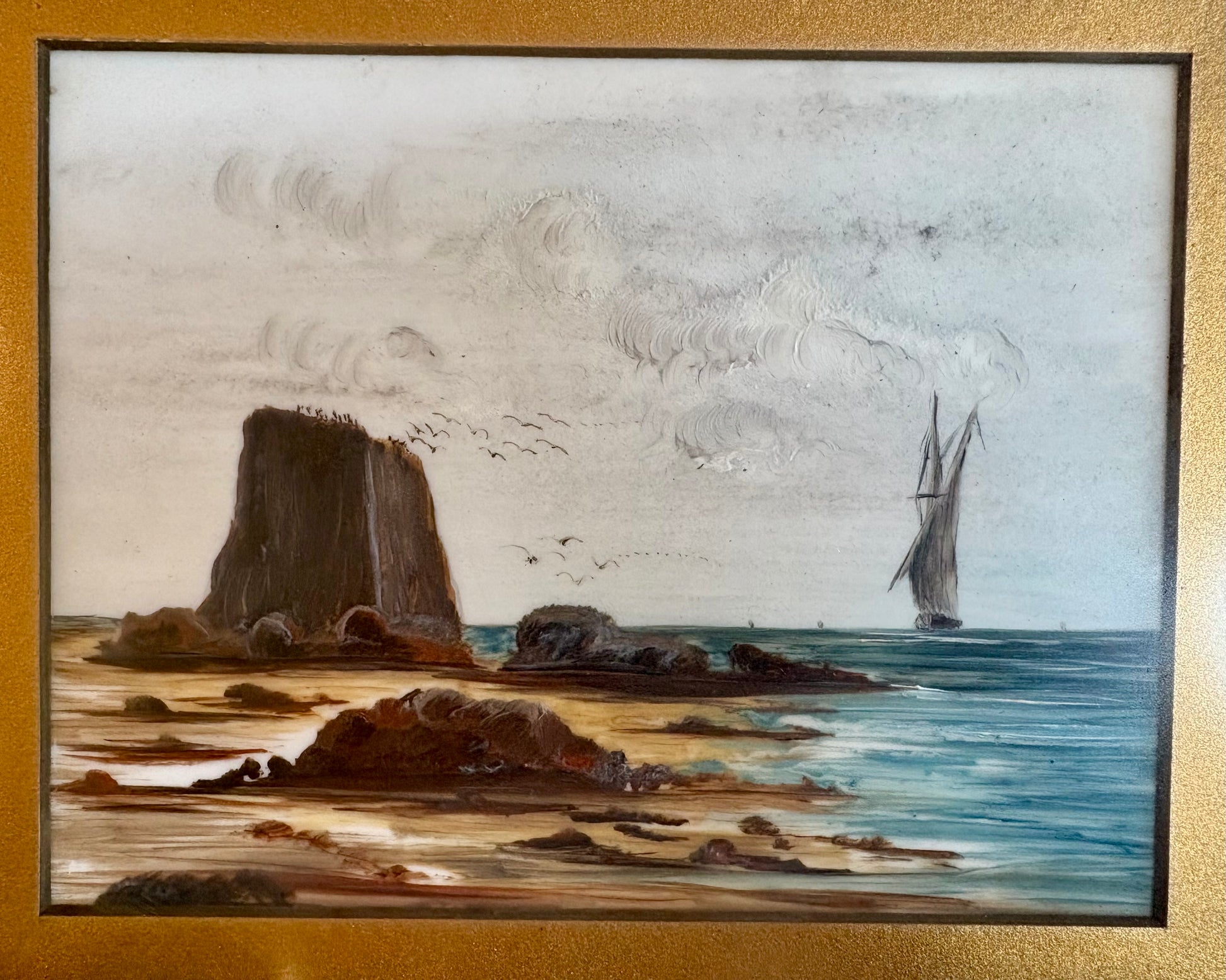 Antique original painting on white glass, coastal landscape scene, tall ship, framed vintage art