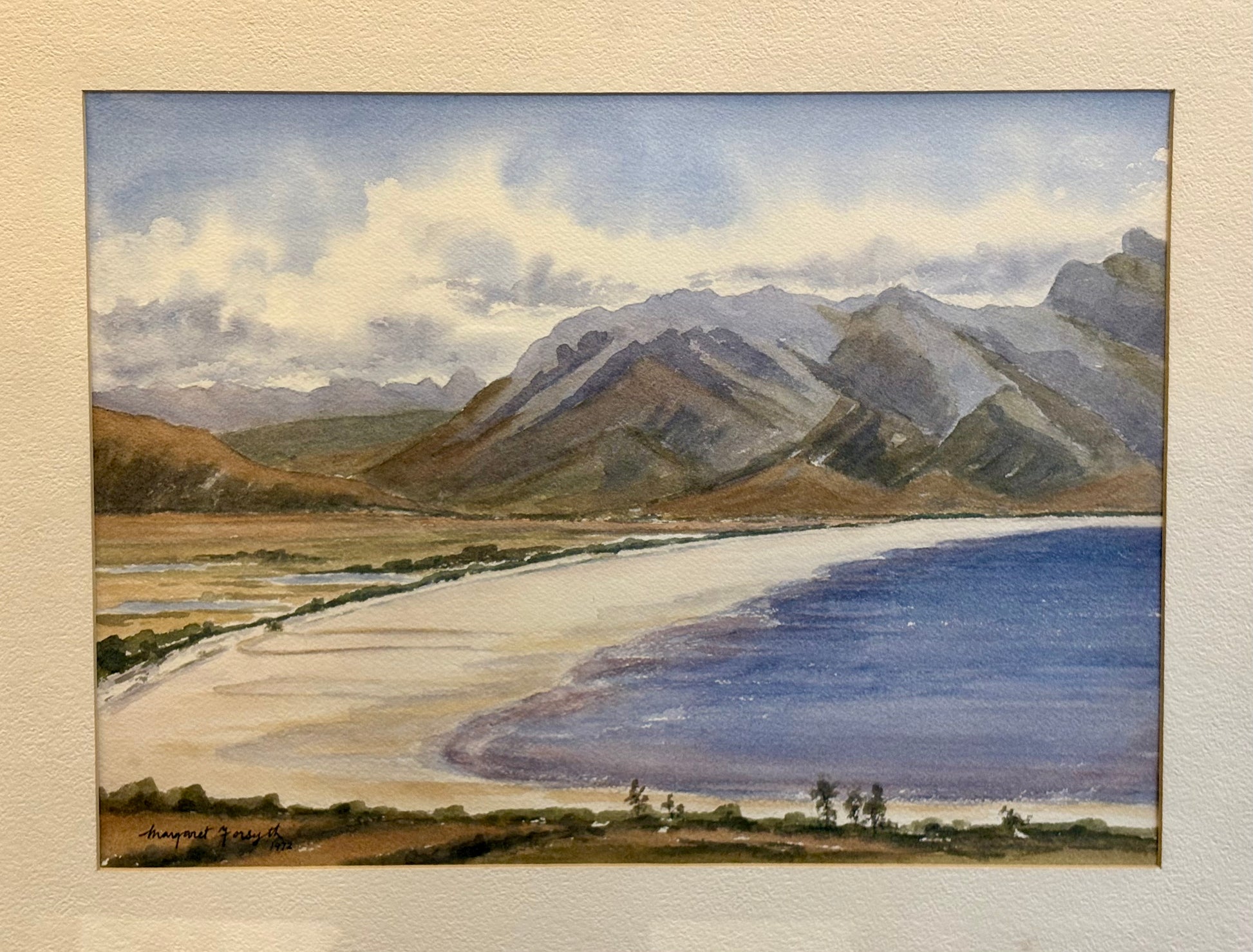 Original watercolour painting, Lake Pedder Tasmania, framed vintage art
