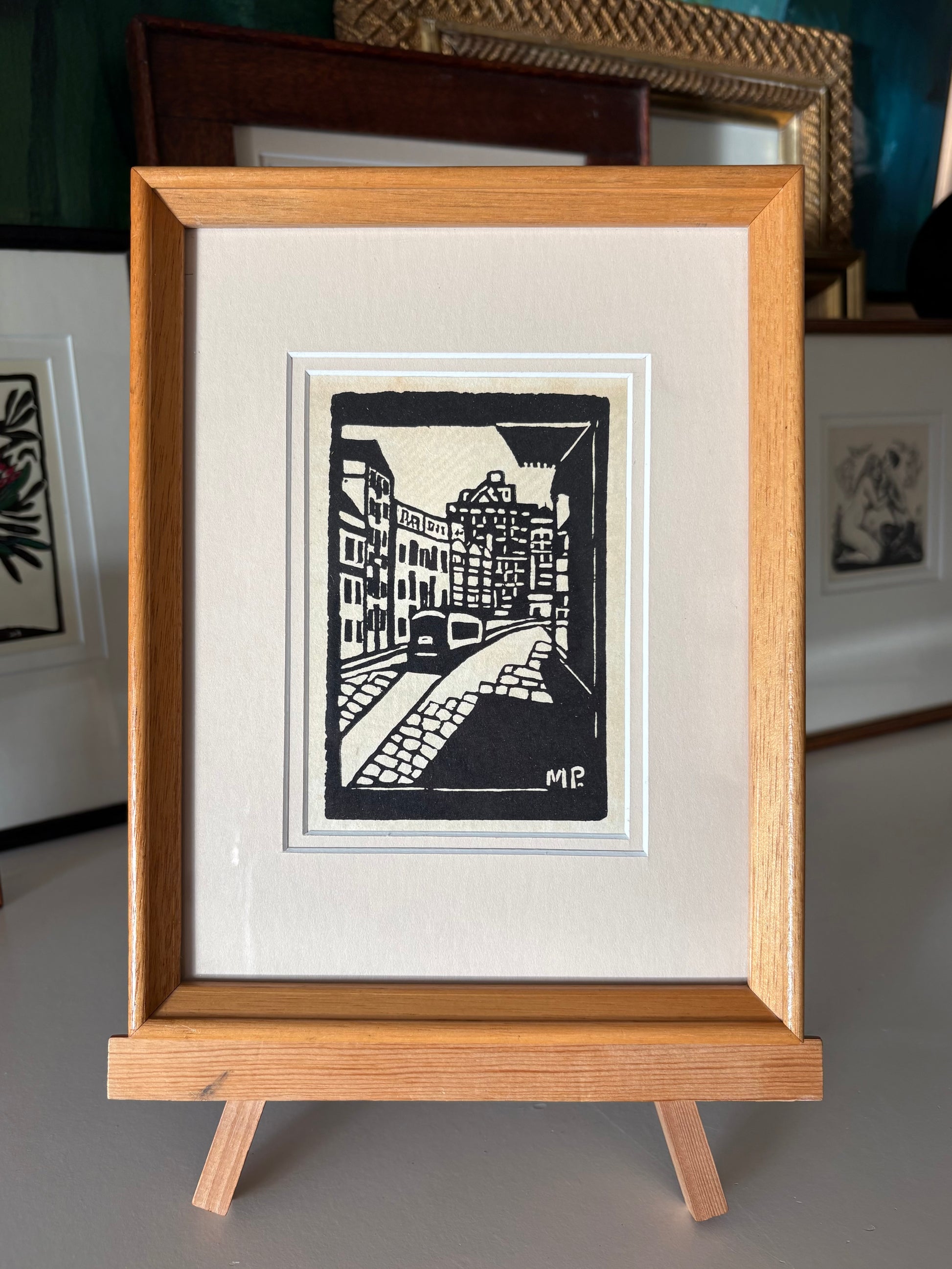 1920s Antique Margaret Preston print, "Quay Side Sydney," tram, framed vintage art