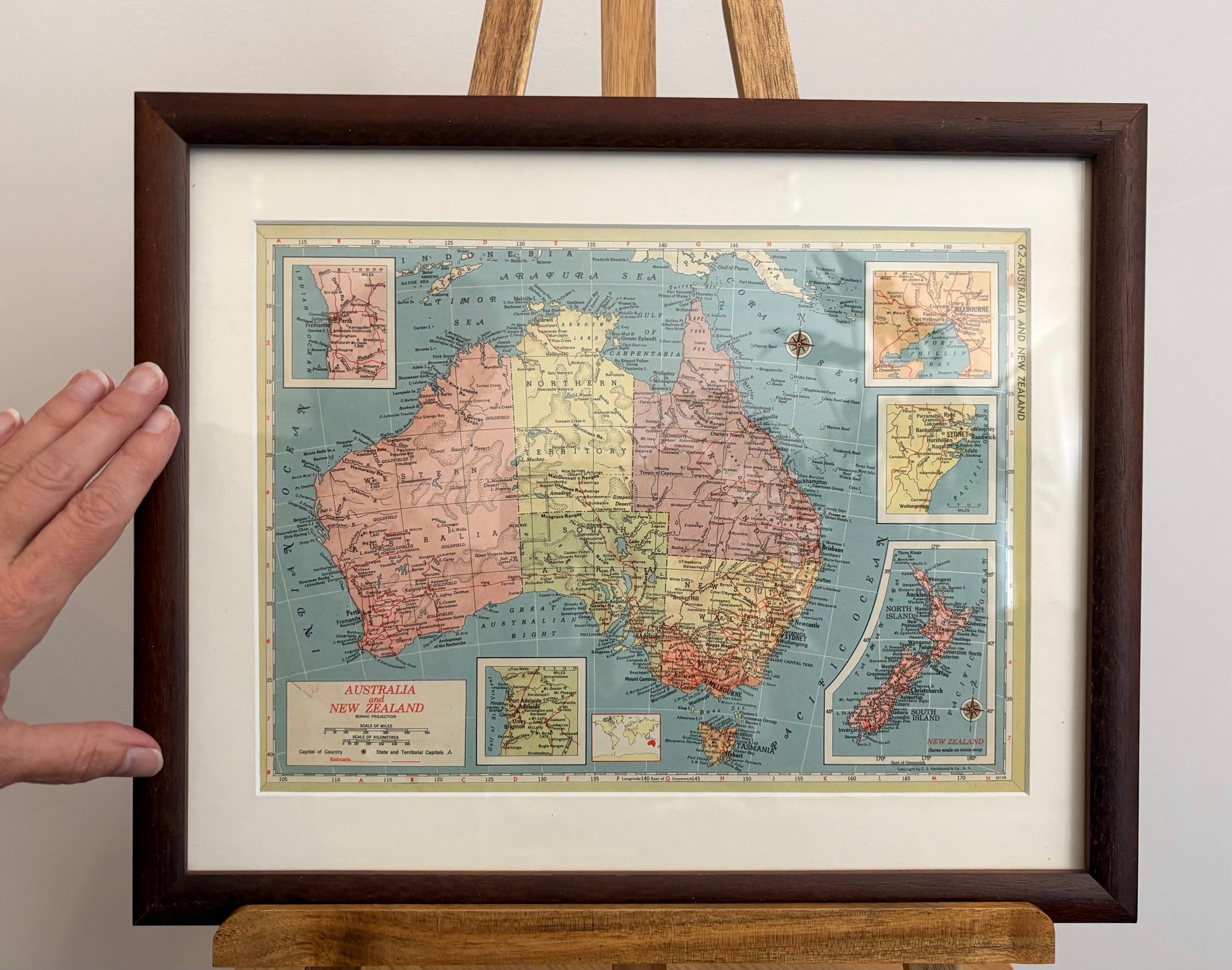 1950s vintage mid century framed map of Australia