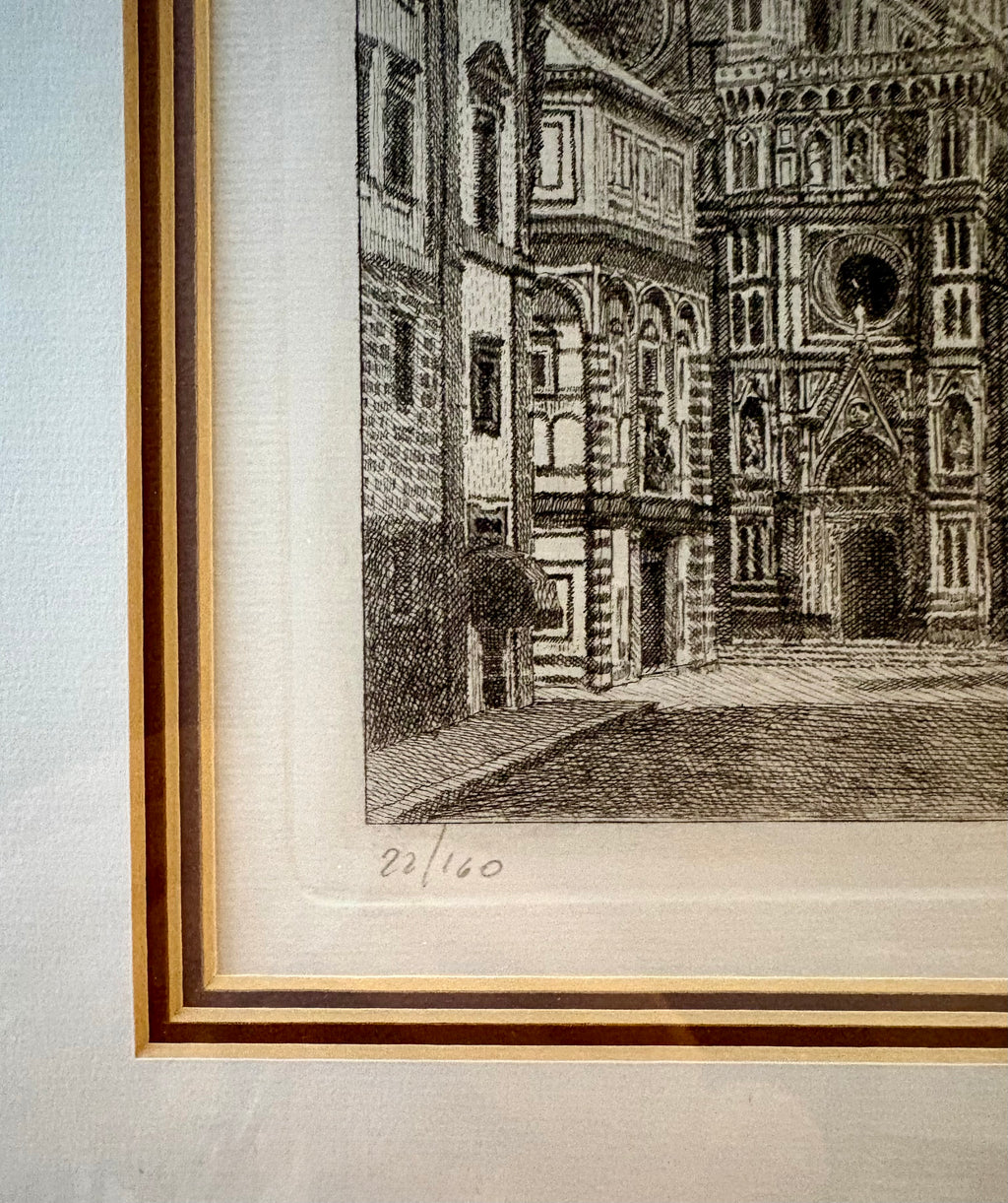 Signed original etching, Florence, framed vintage art