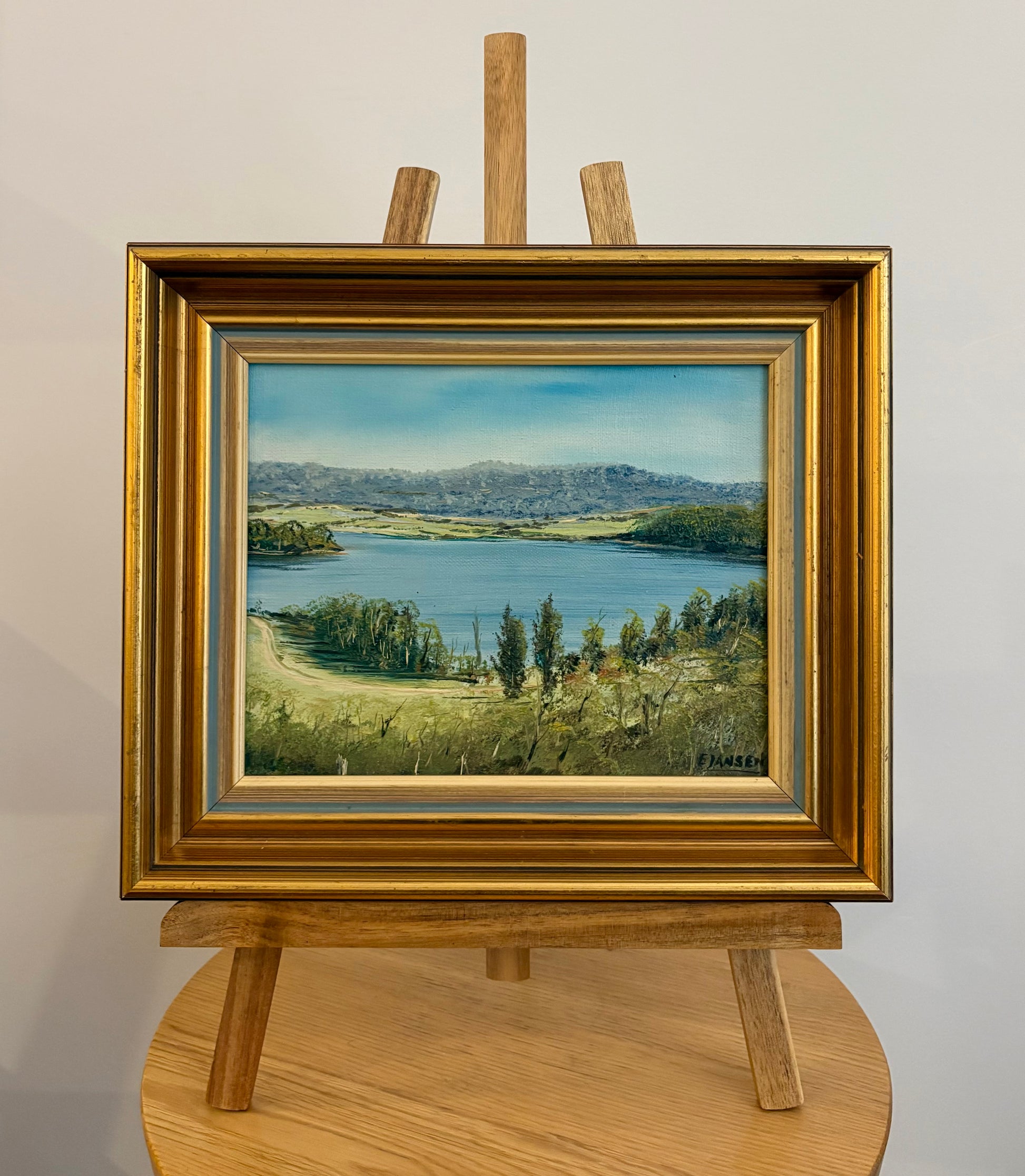 Original Australian landscape painting, vintage framed art, lake