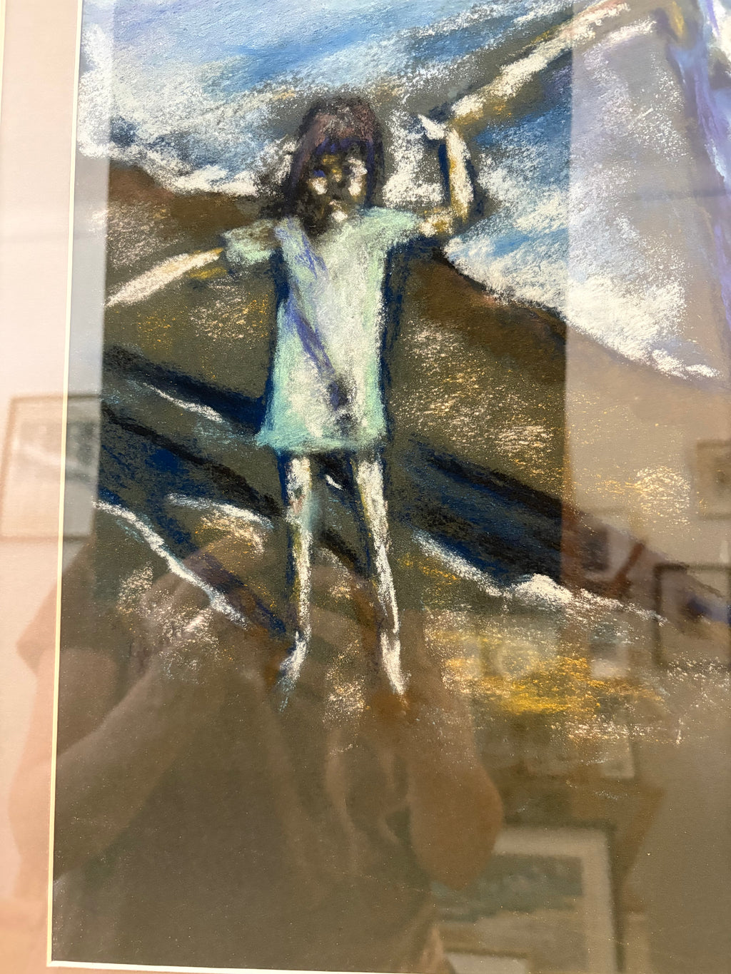 Large original Impressionist pastel drawing, vintage framed art