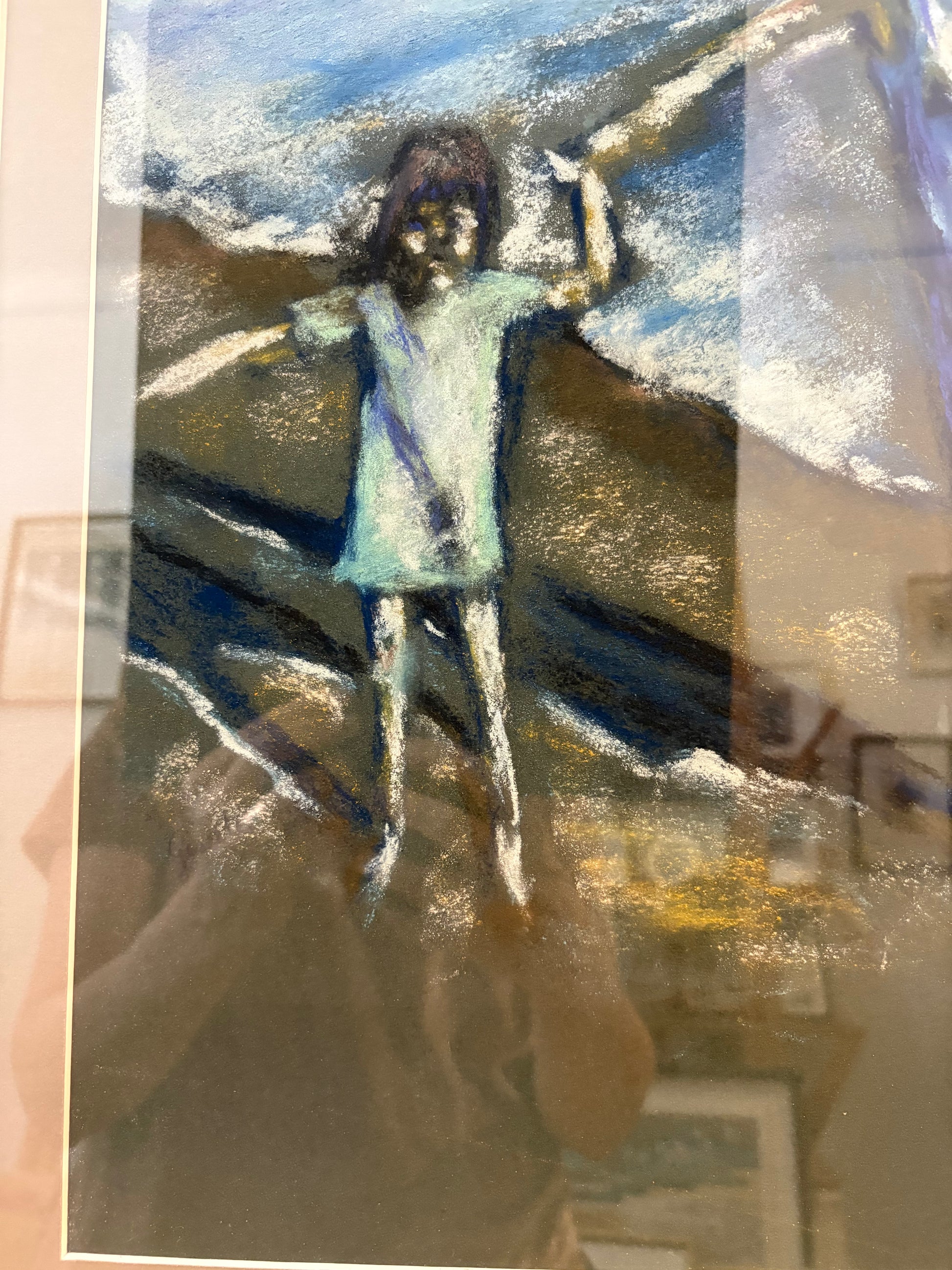 Large original Impressionist pastel drawing, vintage framed art
